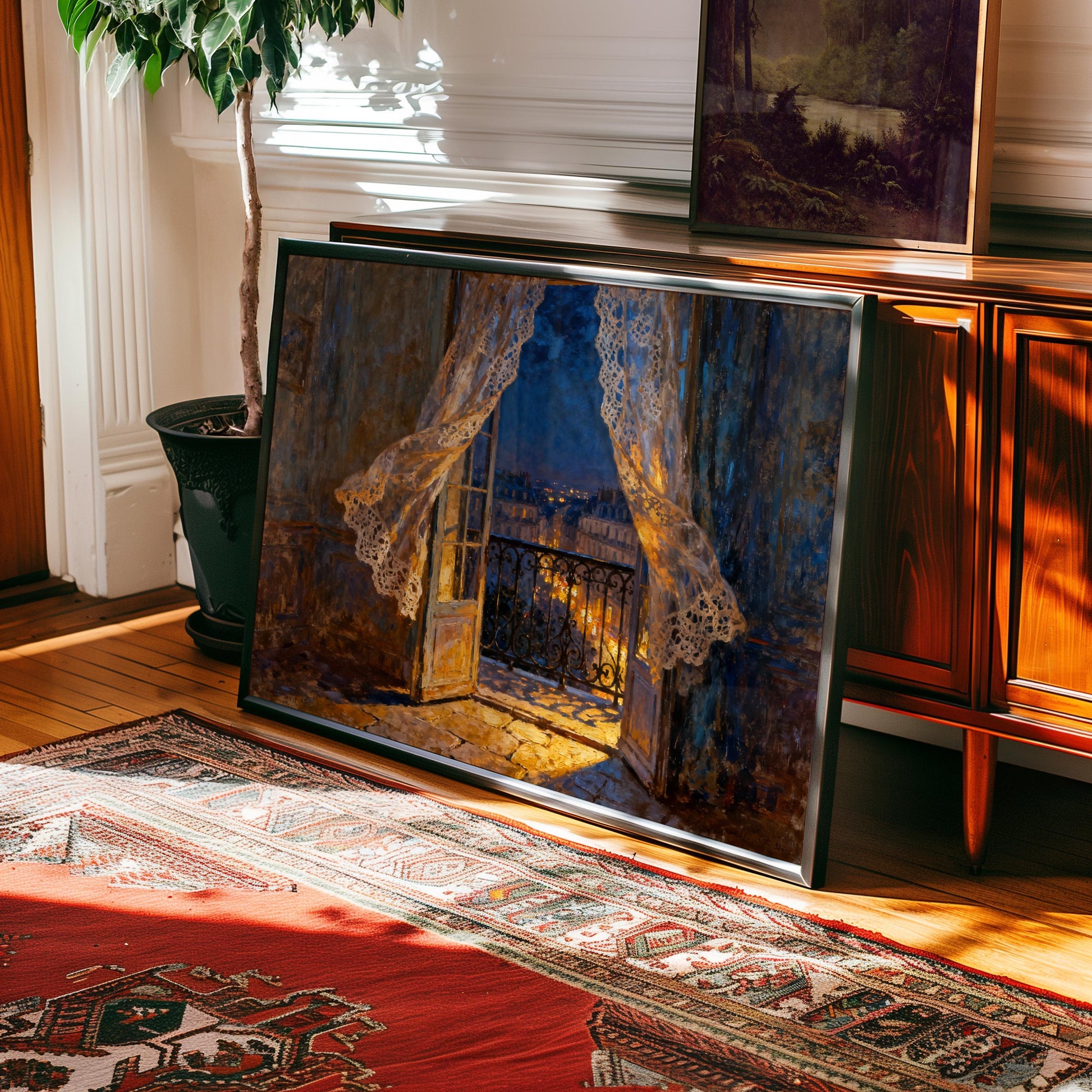 a large painting of a window with lace curtains, displayed on a wooden cabinet in a room with a rug and a potted plant.