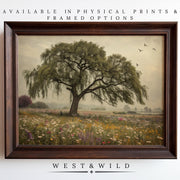 The Weeping Willow Tree Painting – Wildflower Wall Art beautifully captures serene nature with a moody tree and vintage wildflowers, making it perfect framed art decor for your space.