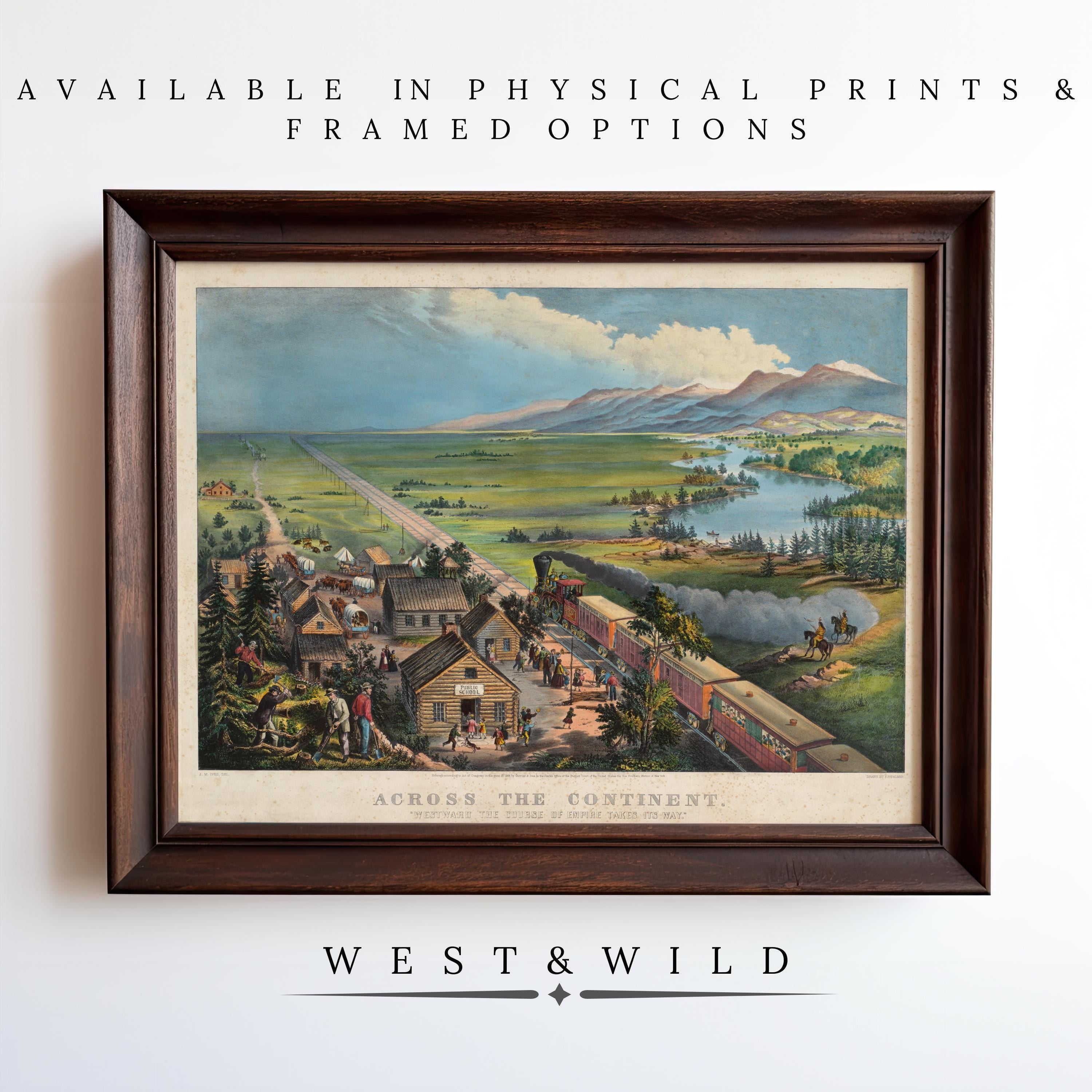 The Vintage Lithograph Print – Currier And Ives Classic Americana Decor Wall Art depicts a train crossing a vibrant town with mountains and rivers. Discover more vintage art prints and archival framing at West & Wild Art Archive.