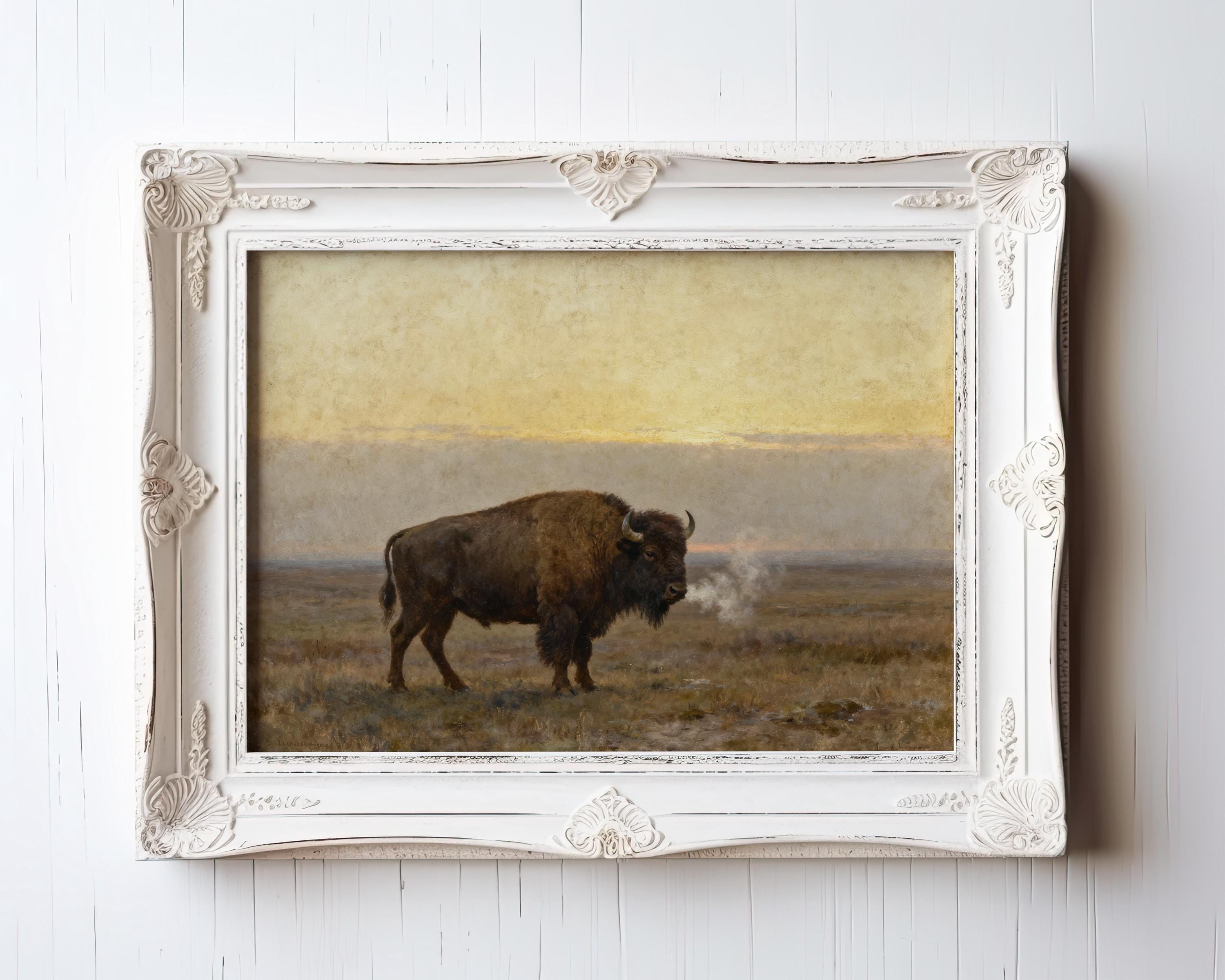 A painting of a bison standing in a field, with a pale yellow sky in the background.