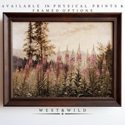Discover the Pink Fireweed Wall Art—an archival quality, rustic Alaskan landscape print with tall purple wildflowers and pine trees. Available as a vintage framed art print from the West & Wild Art Archive.