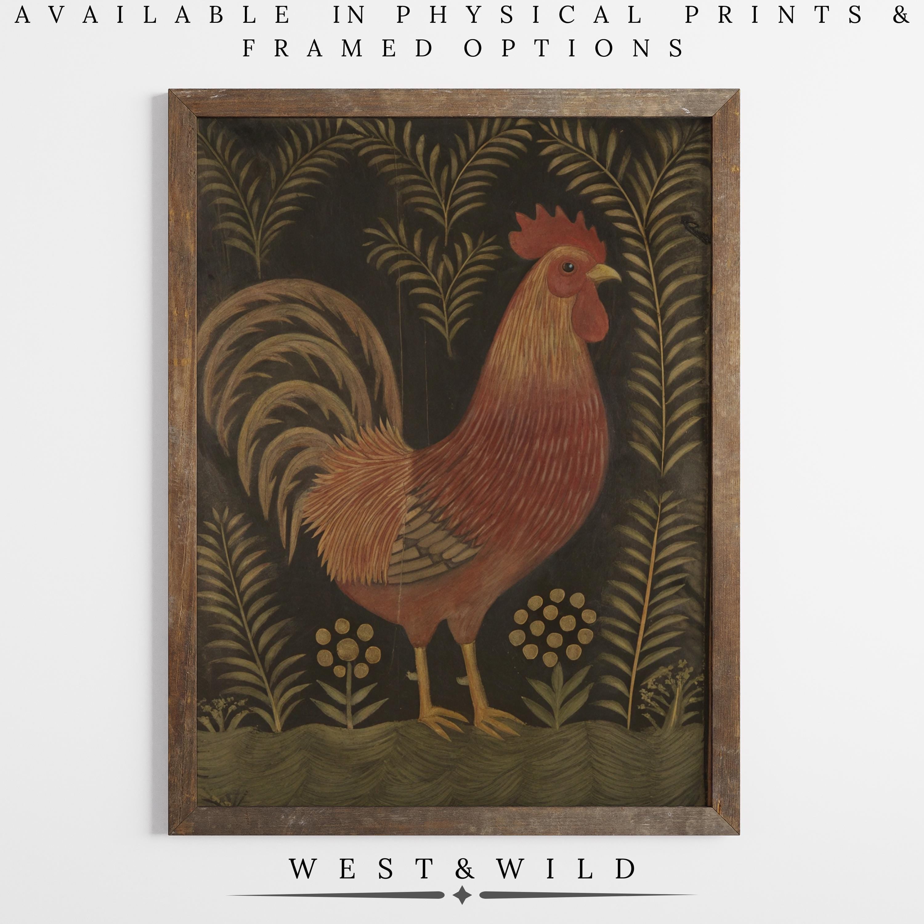 Primitive Rooster Art - Rustic Farmhouse Kitchen Decor features a vintage rooster on green grass with plants and flowers. Available as archival quality prints and framed art by West & Wild Art Archive.