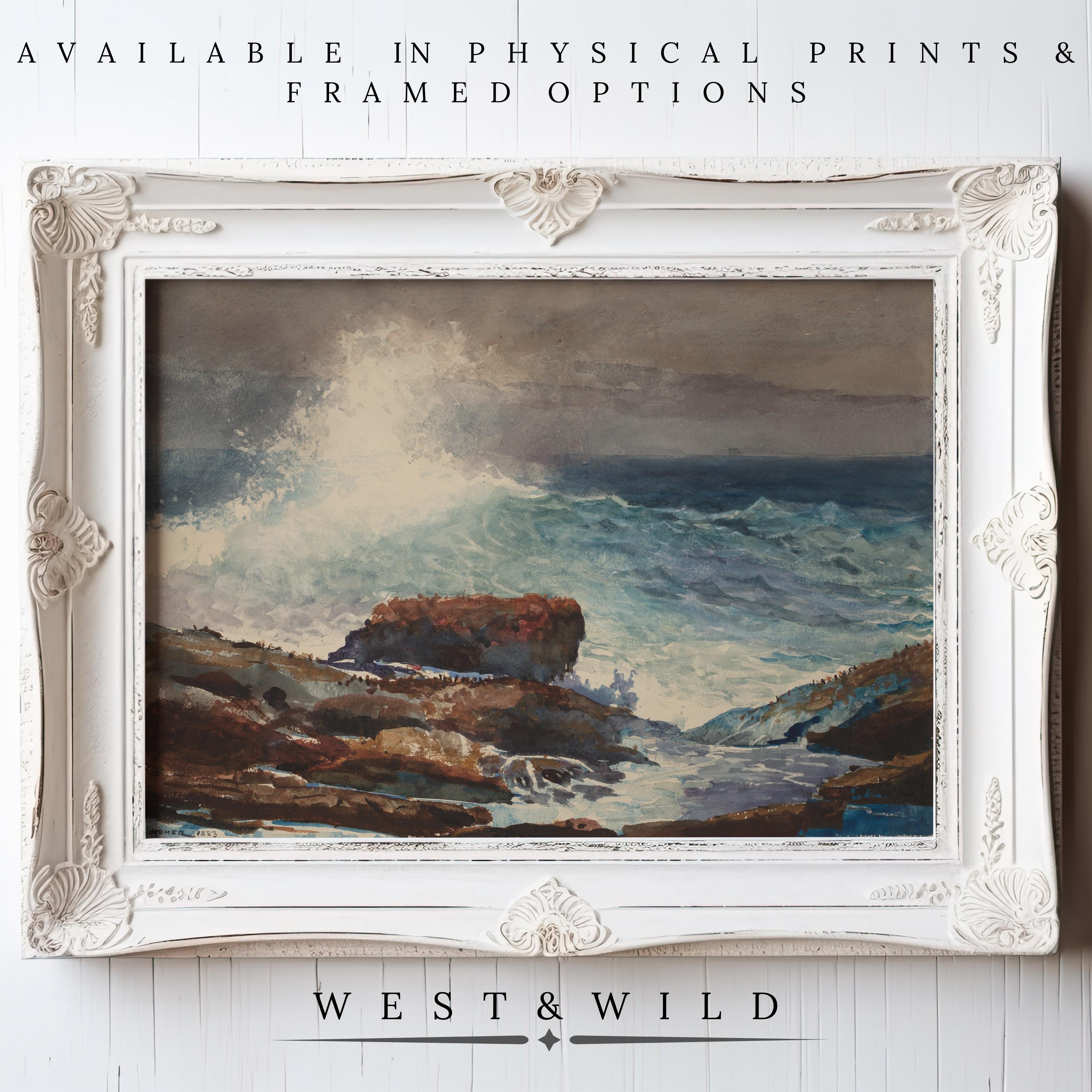 An ornate white frame displays the "Waves Crashing Painting – Coastal Wall Art," a vintage ocean artwork with waves against rocks and clouds. Available as archival quality prints or framed art. Below: “West & Wild Art Archive.”.