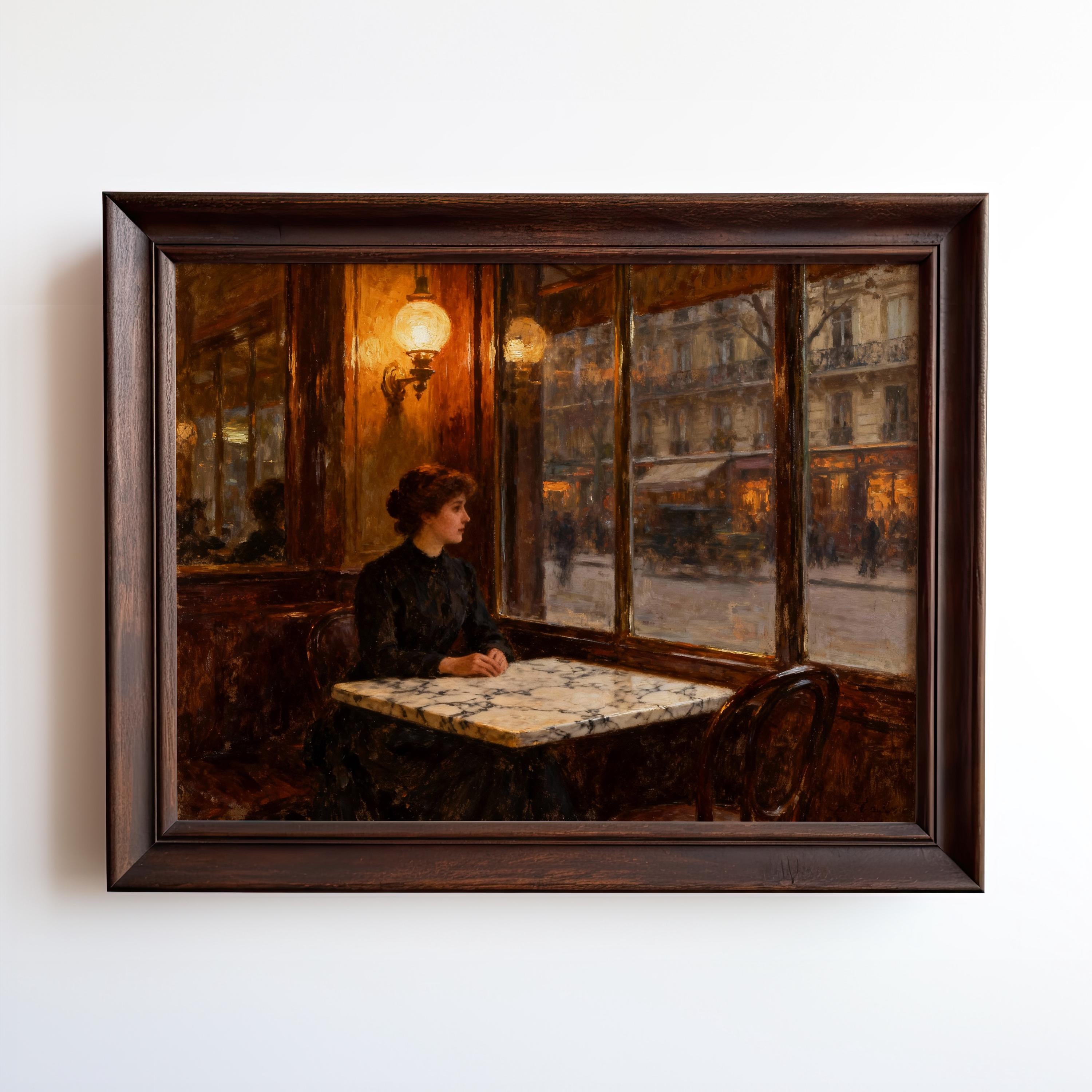 The image is a painting depicting a woman sitting at a table in a restaurant, looking out the window.
