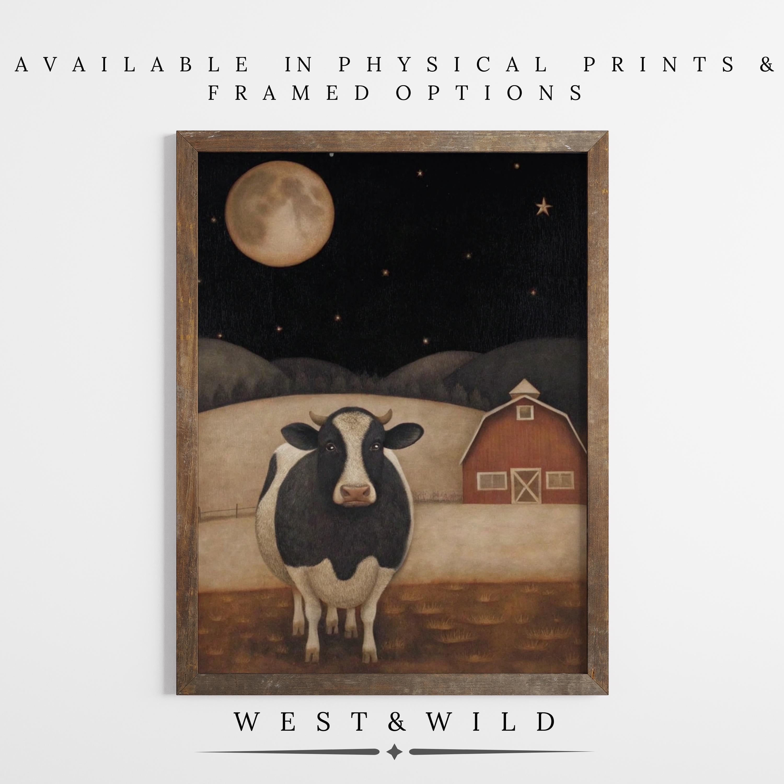 Holstein Cow Art Print - Vintage Farmhouse Wall Art | Rustic Barnyard Decor features a black and white cow by a red barn under a starlit sky. Available as vintage art prints & framed art. Archival quality guaranteed. West & Wild Art Archive.