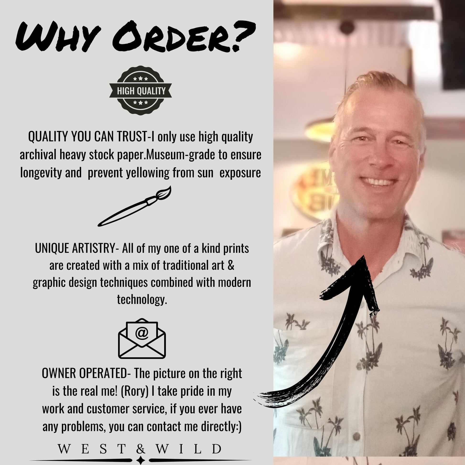 A West & Wild promo graphic features "Mississippi River Steamship Painting – Vintage Lithograph Art | Currier and Ives Prints." Text highlights archival quality, artistry, and owner-operation. A smiling man in a patterned shirt is labeled Rory, the owner.