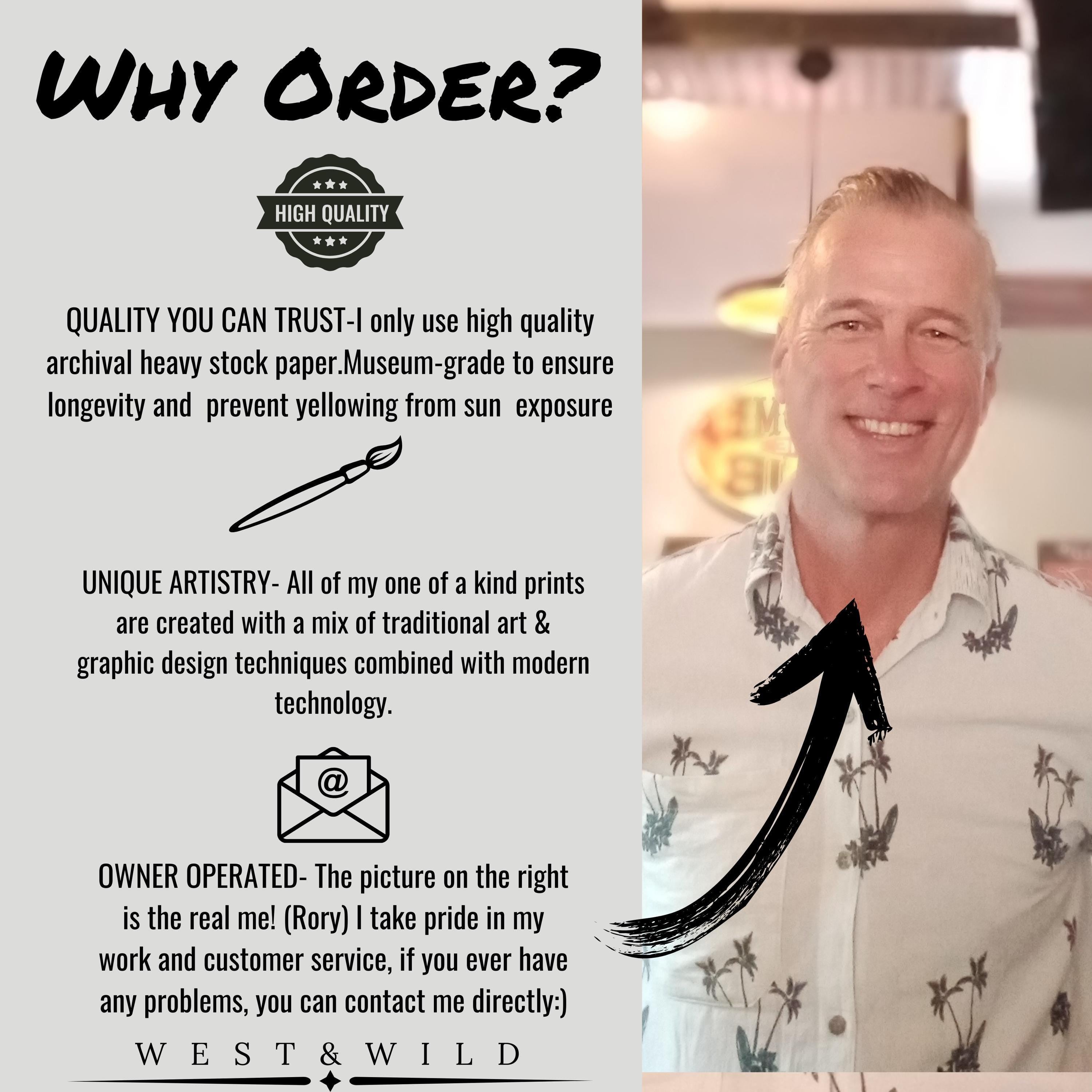 A West & Wild promo graphic features "Mississippi River Steamship Painting – Vintage Lithograph Art | Currier and Ives Prints." Text highlights archival quality, artistry, and owner-operation. A smiling man in a patterned shirt is labeled Rory, the owner.