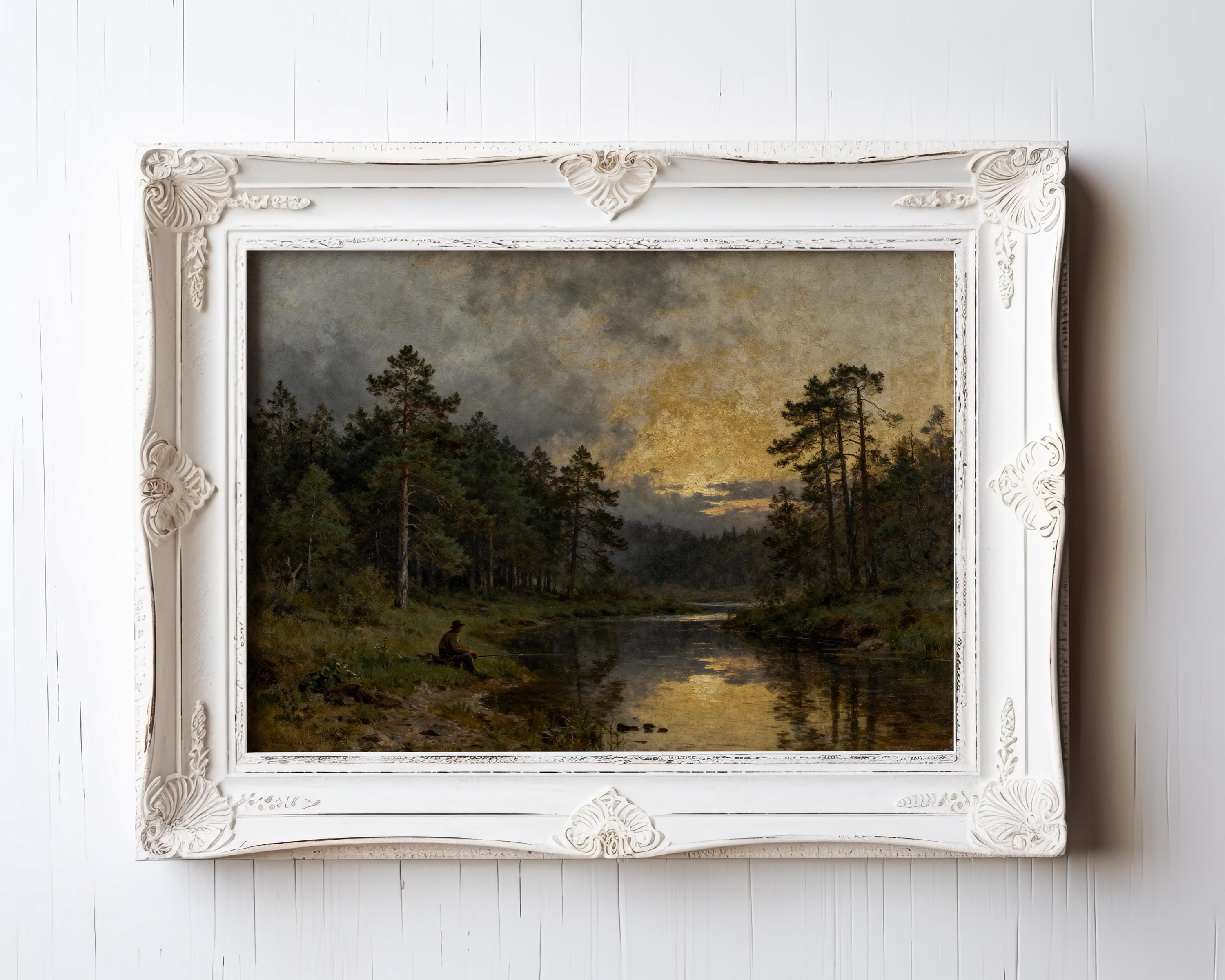 The image is a painting of a forest scene with a lake in the background, framed in an ornate white frame.