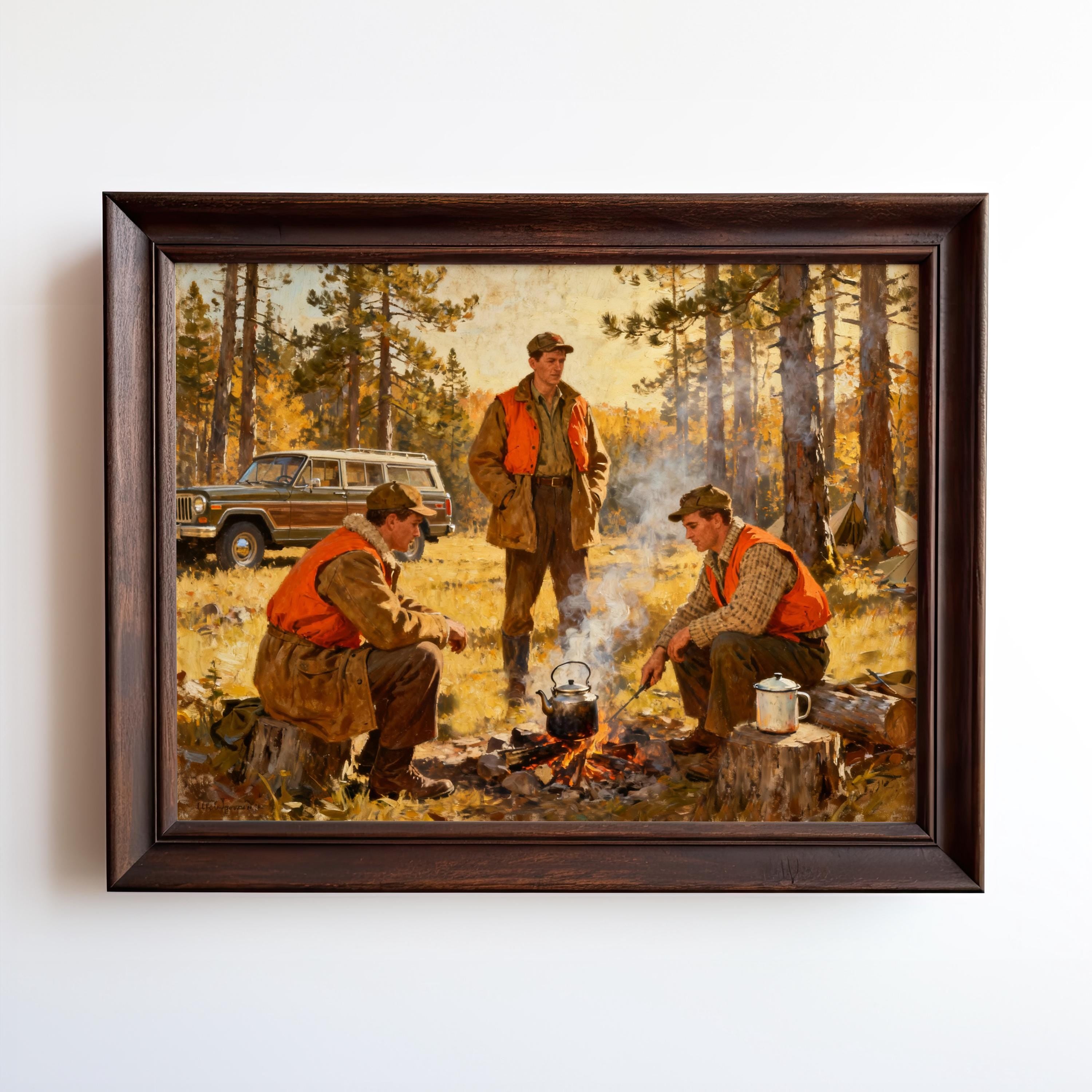 a group of men in an outdoor setting, with one man standing near a campfire and the others sitting around it. There is a car visible in the background, suggesting they are in a wooded area.