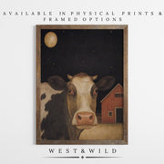 Folk Art Cow Print - Holstein portrait with rustic red barn and earth tones, shown framed on a white background. Available as vintage art prints and framed art. Below: WEST & WILD Art Archive.