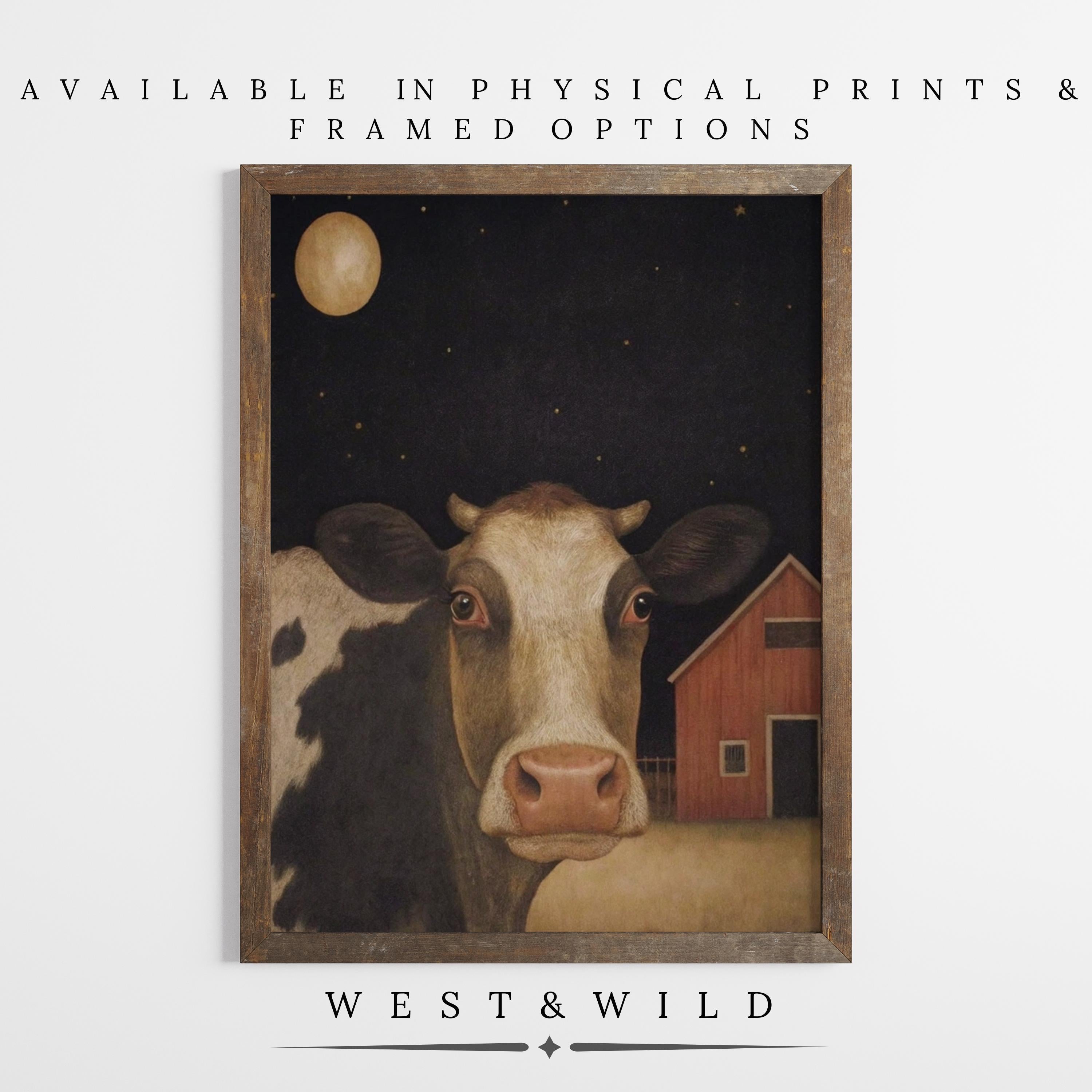 Folk Art Cow Print - Holstein portrait with rustic red barn and earth tones, shown framed on a white background. Available as vintage art prints and framed art. Below: WEST & WILD Art Archive.
