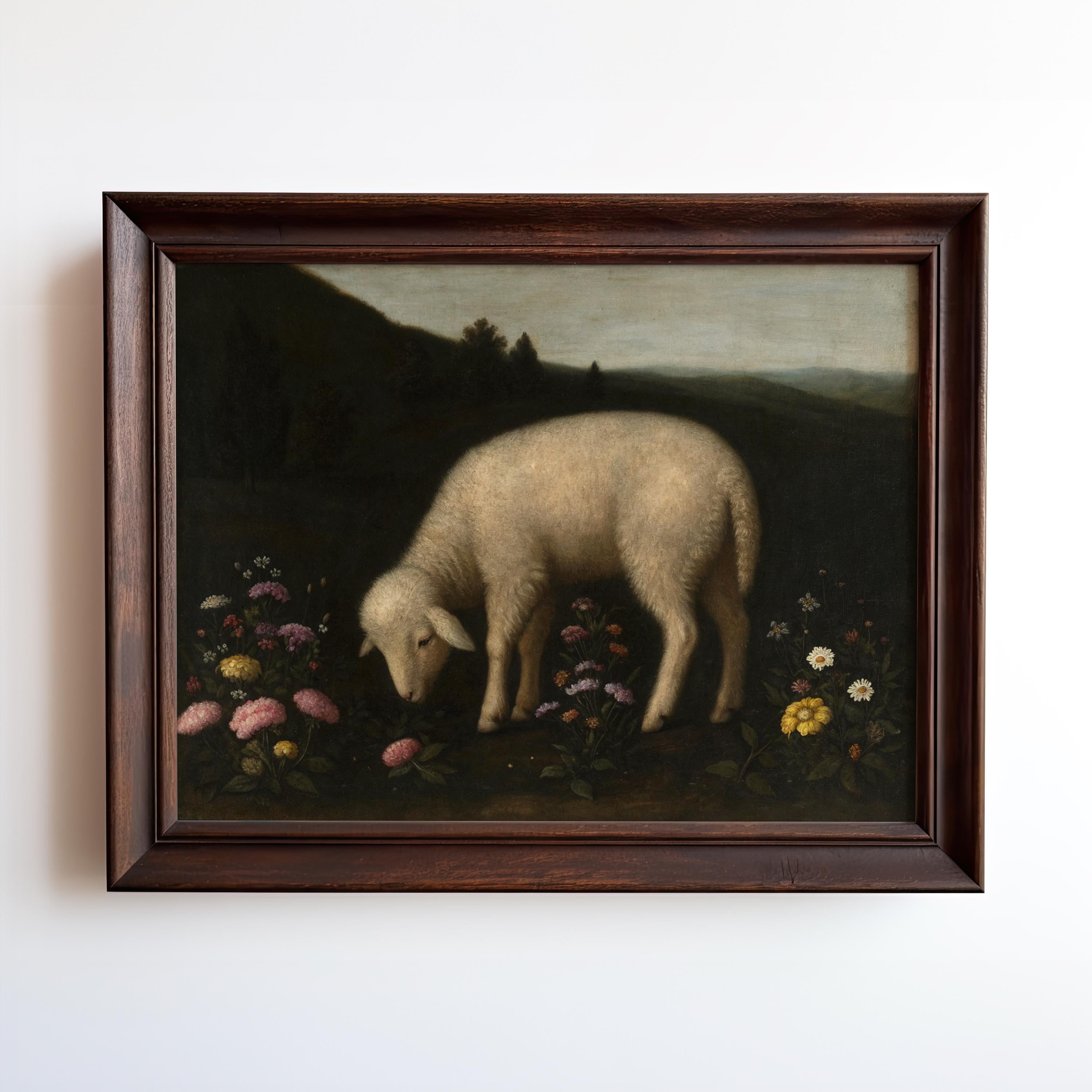 The Vintage Lamb Wall Art is a framed print featuring a white sheep among wildflowers with dark green hills and a pale sky, displayed on a white wall. From West & Wild Art Archive, made with archival-quality materials.