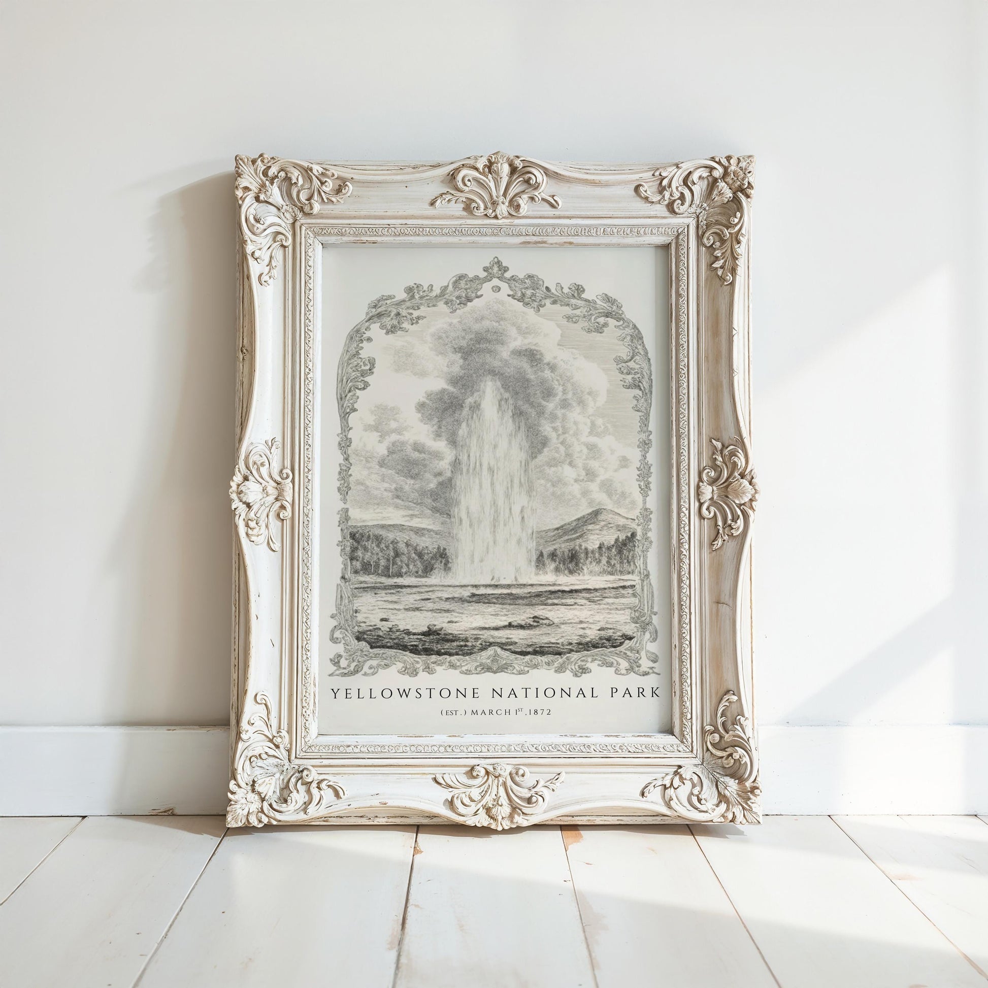 A framed illustration of a waterfall in Yellowstone National Park, with the text "Yellowstone National Park" and "Est. 1872" below the image.