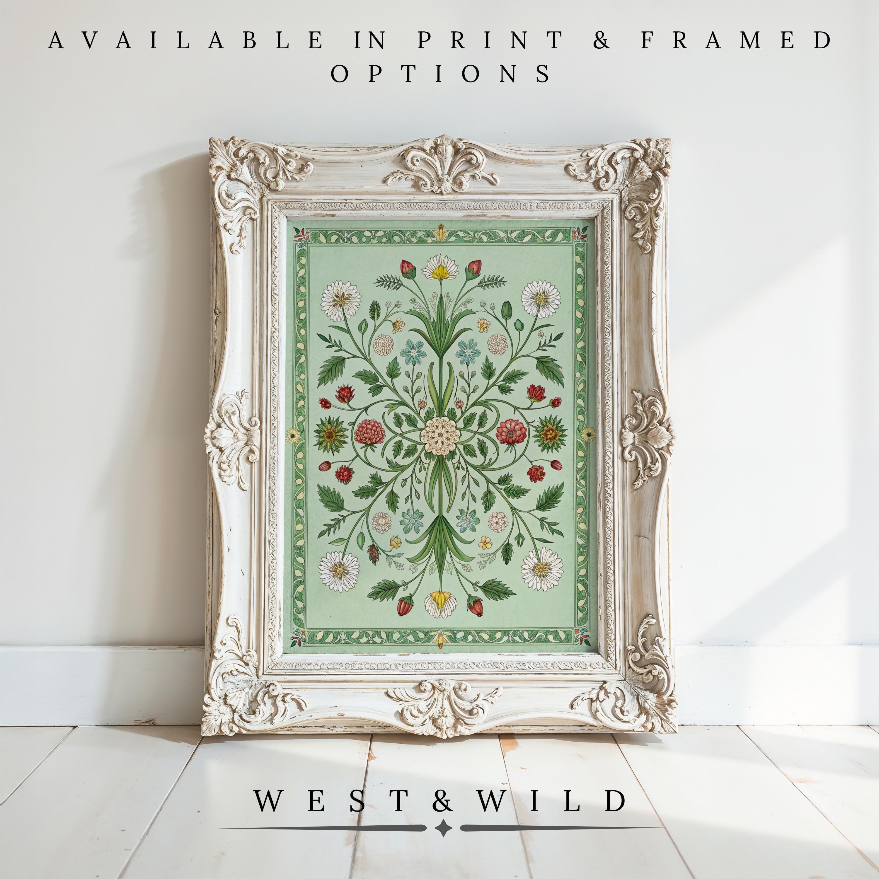 Ornate white frame showcasing Botanical Wall Art—vintage flower prints with red, white, and yellow blooms on light green. Text: Available in archival quality print & framed options. Below: Botanical Wall Art - Vintage Flower Prints Framed.