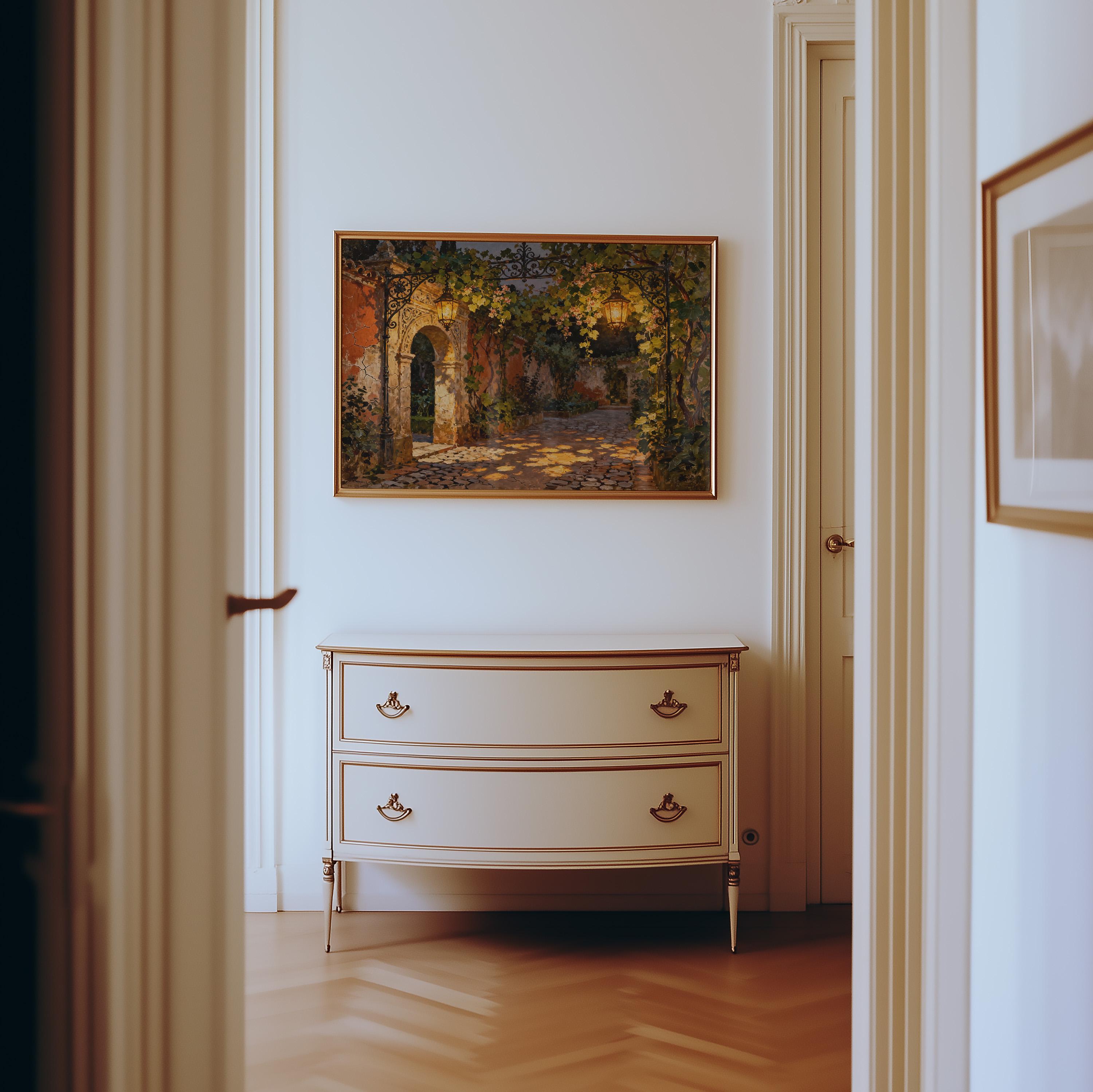 a hallway with a white dresser and a framed painting of a garden scene hanging on the wall above it.