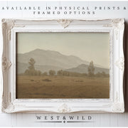 A vintage landscape painting featuring a mountain valley and muted background, available as archival quality prints or framed art from West & Wild Art Archive’s 19th century collection.