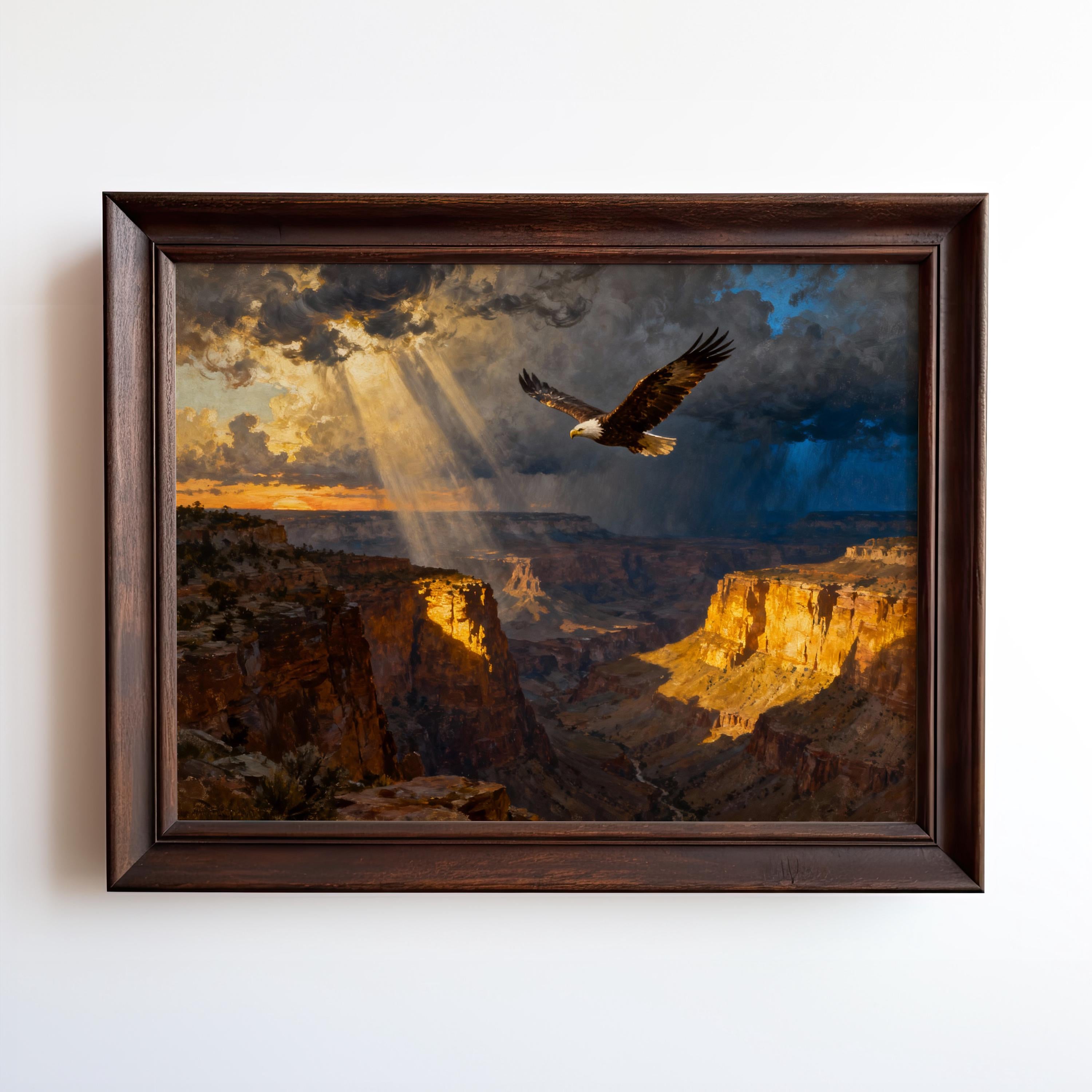 A framed painting depicting a majestic eagle soaring over a dramatic landscape with dramatic clouds and a bright sun shining through.