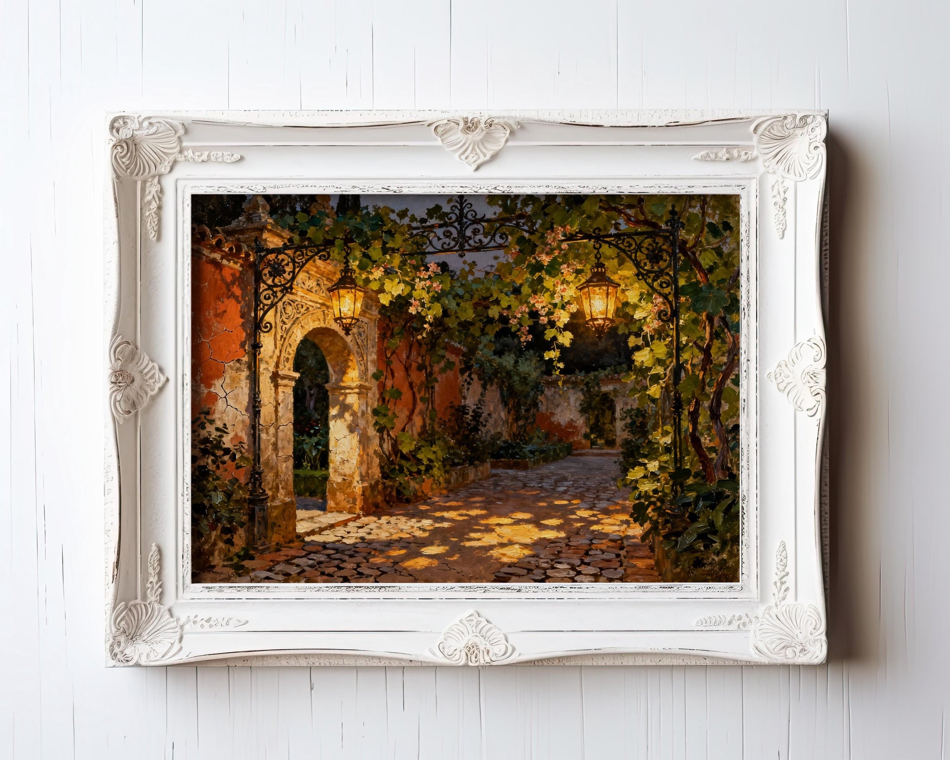 The image is a painting of a garden path with a stone archway, surrounded by lush greenery and illuminated by warm lighting.
