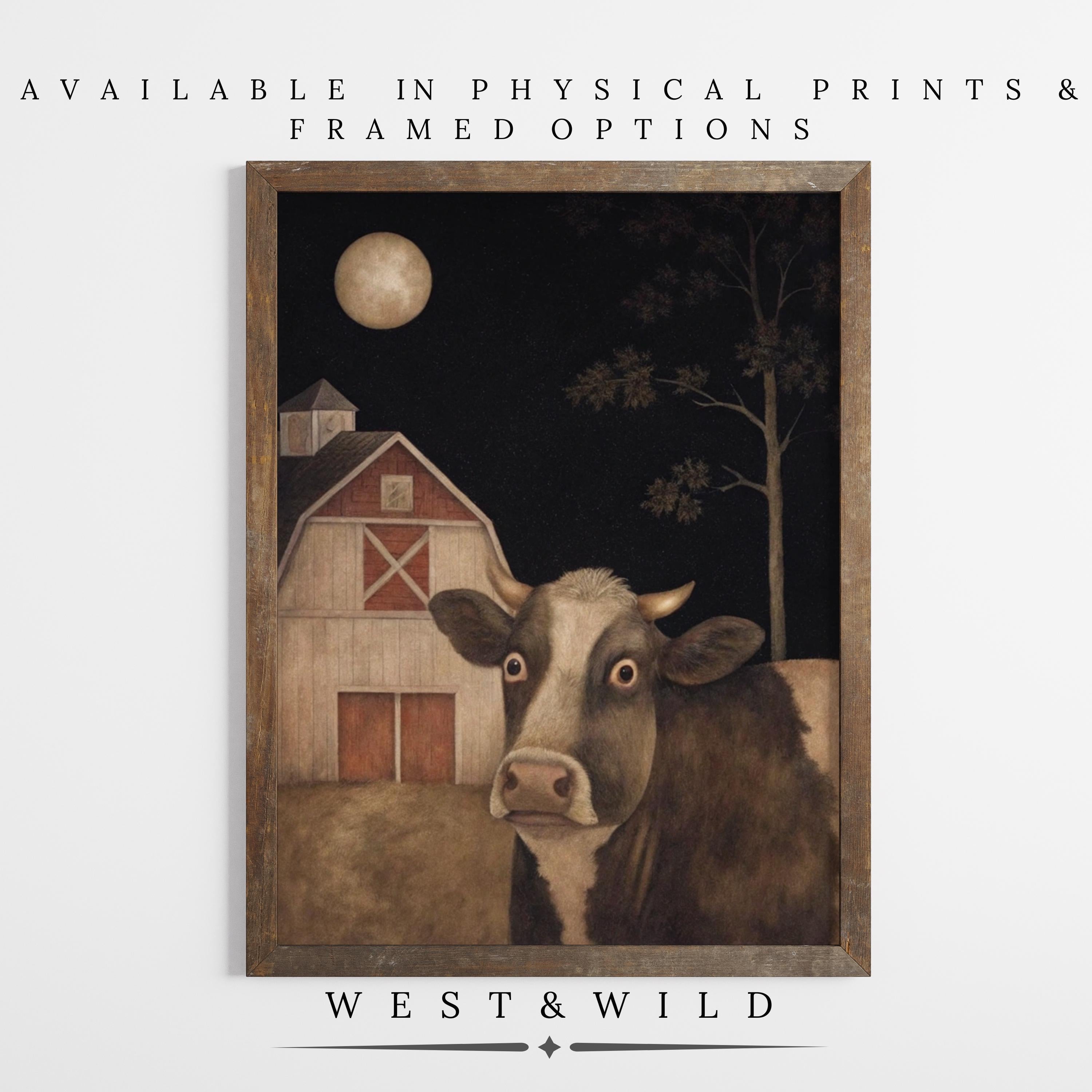 Display whimsical farmhouse charm with the Farm Animal Wall Art – Whimsical Cow and Barn Print, available as vintage-style prints & framed art. Perfect folk art or primitive country décor for any room. From the West & Wild Art Archive.