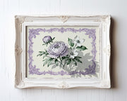 A framed painting of a bouquet of purple and white flowers, including a large peony and two smaller white flowers, set against a pale background.