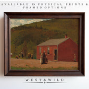 A framed Country School House Painting in vintage style shows a red wooden building on a green hillside with people outside. Available as physical prints & framed art from WEST & WILD, part of the West & Wild Art Archive.