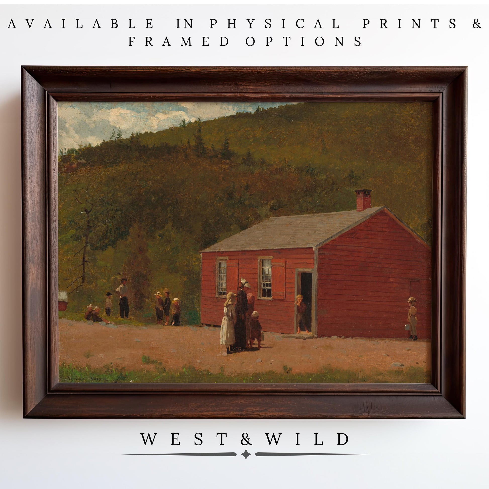 A framed Country School House Painting in vintage style shows a red wooden building on a green hillside with people outside. Available as physical prints & framed art from WEST & WILD, part of the West & Wild Art Archive.