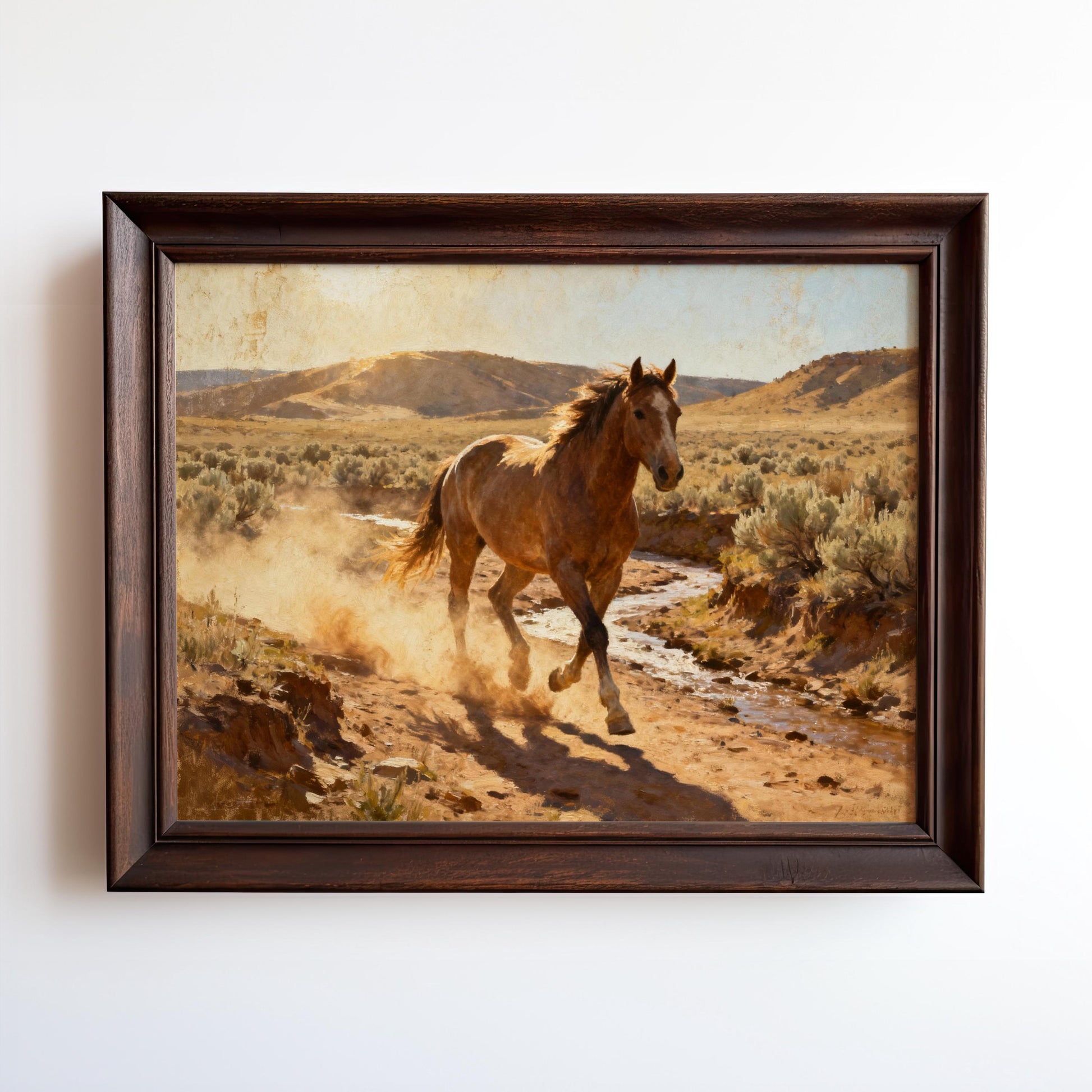 A brown horse galloping through a desert landscape, kicking up dust as it runs along a dirt path.
