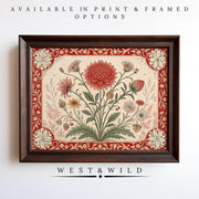Vintage Botanical Painting – Victorian Floral Prints features a large red flower accented by smaller blooms and leaves, with a red and beige border. From West & Wild Art Archive. Available as prints or framed classic flower posters.