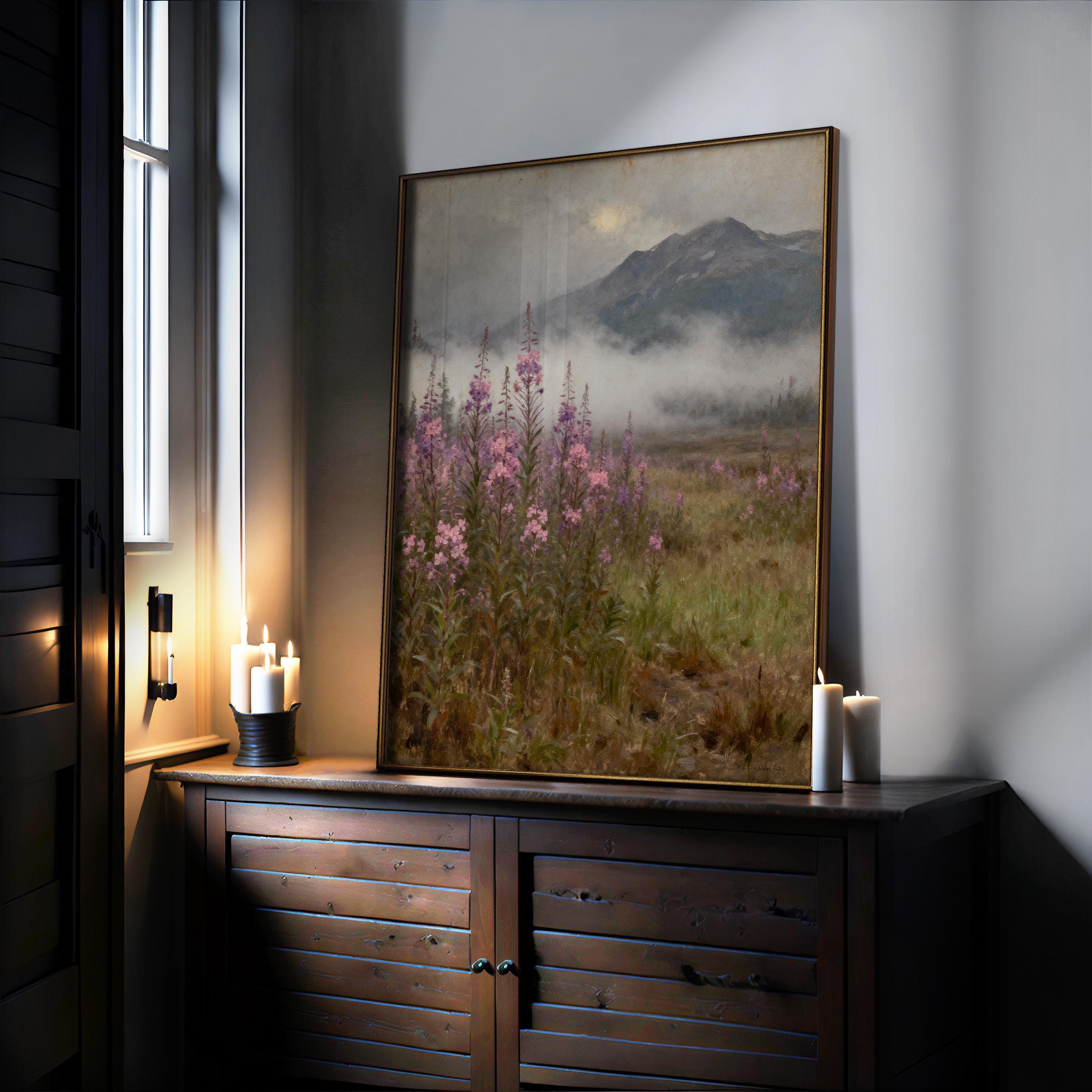 a large painting of a field with pink flowers, displayed on a wooden cabinet or shelf. The painting is illuminated by candles, creating a warm and cozy atmosphere in the room.