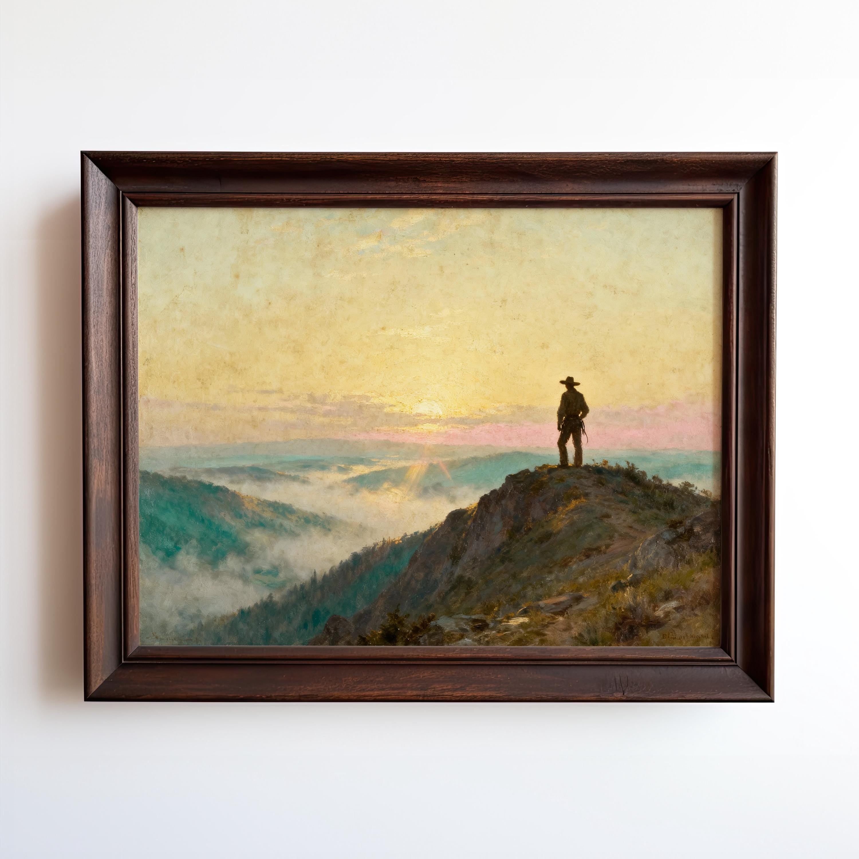 a lone cowboy standing on a cliff, overlooking a vast landscape of mountains and valleys.