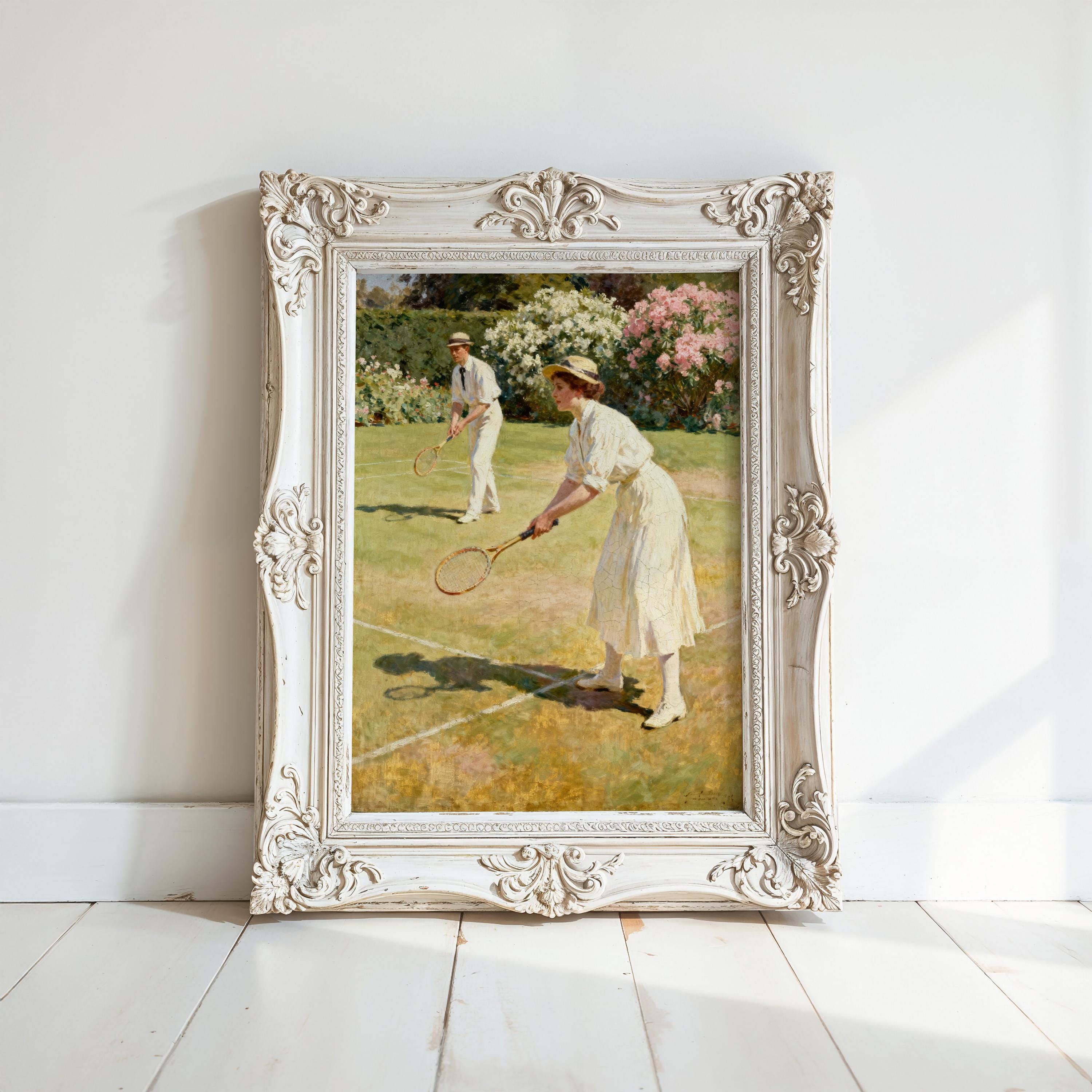 The image is a painting of two people playing tennis on a court, with one person holding a tennis racket and the other holding a tennis ball.