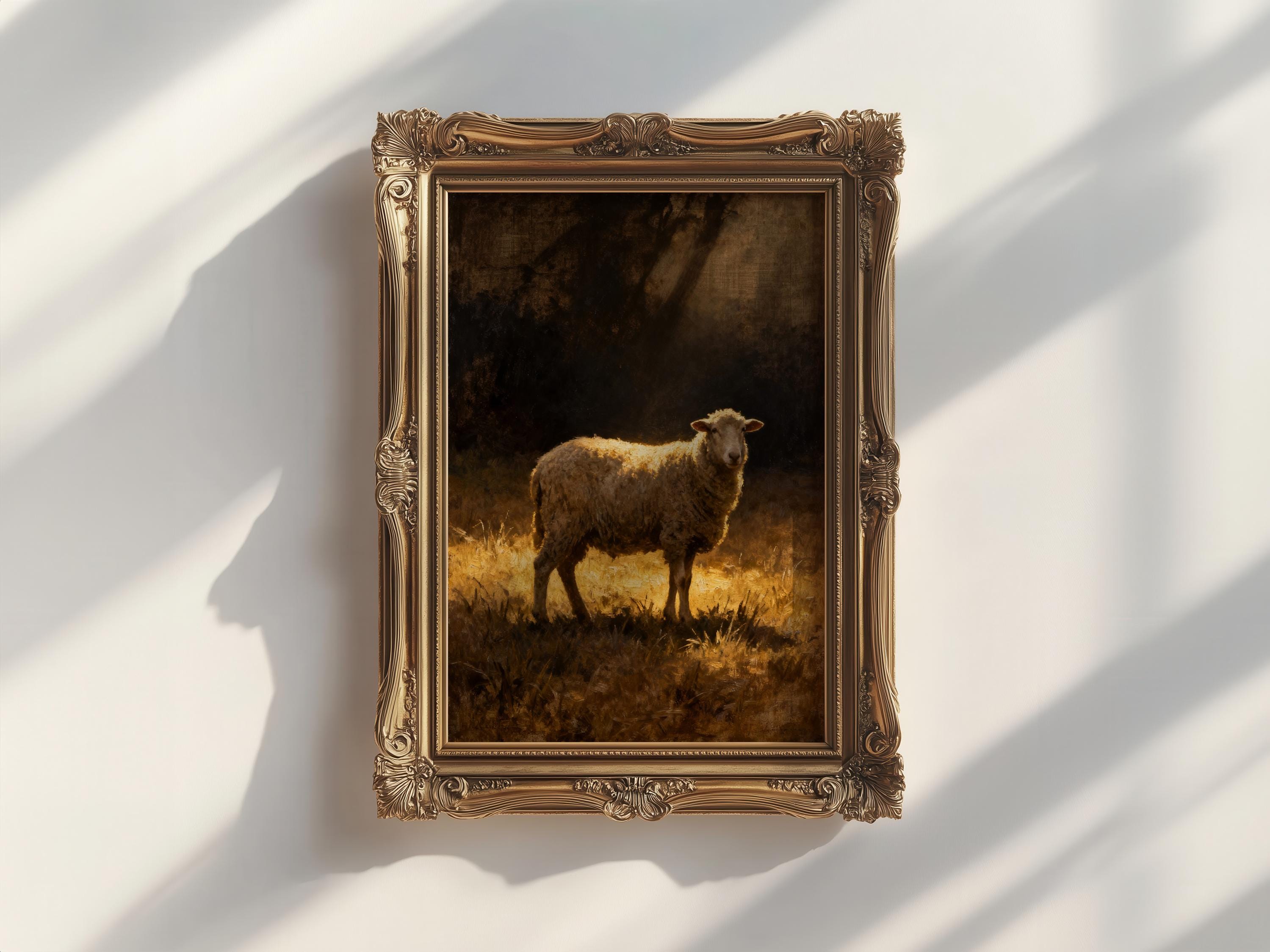 a painting of a sheep standing in a field, with a dark background and a warm, golden glow.