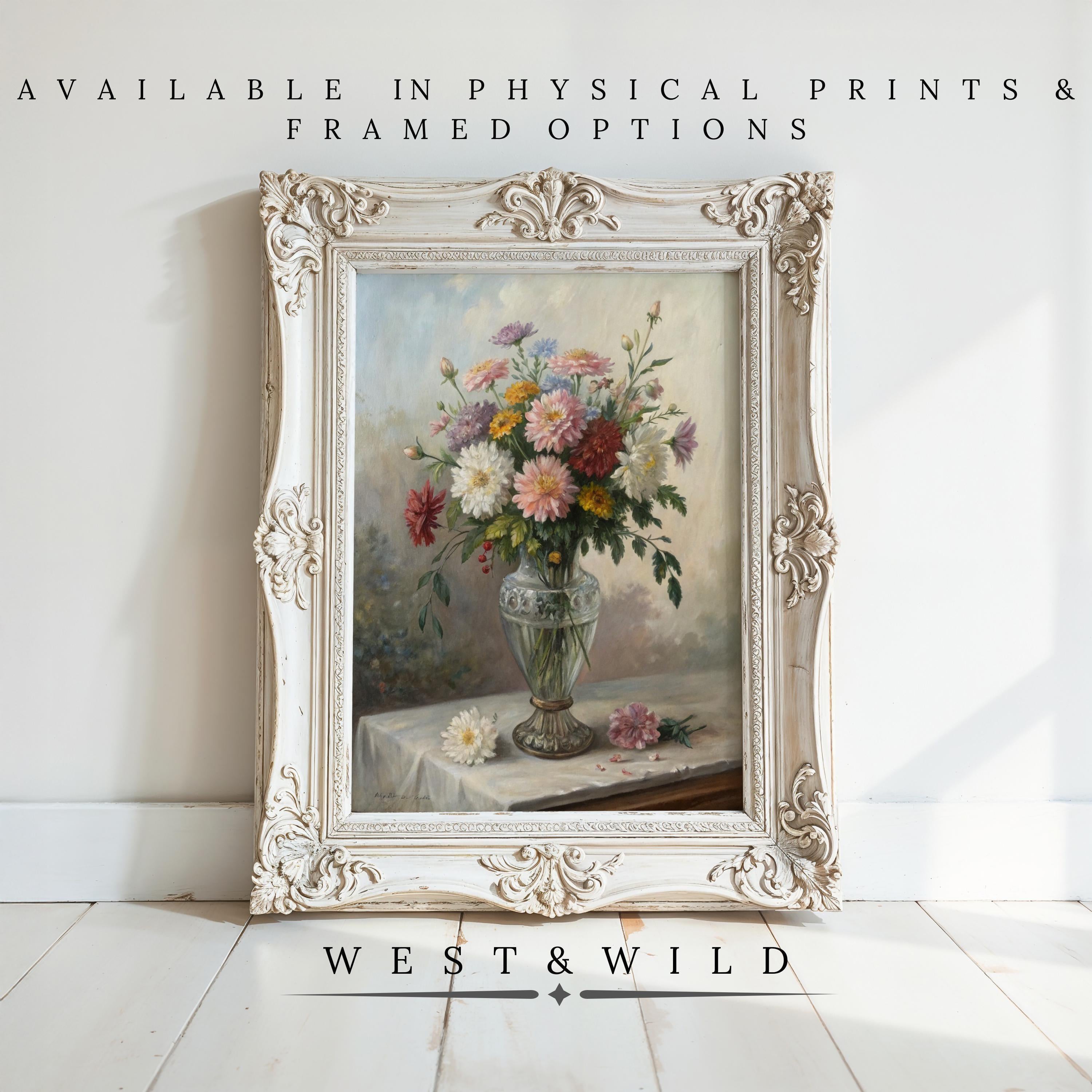 A framed Muted Floral Watercolor Painting – Vintage Flower Prints sits on a white floor against a light wall. Text above reads “Available in physical prints & framed options,” and below, “West & Wild Art Archive.”.