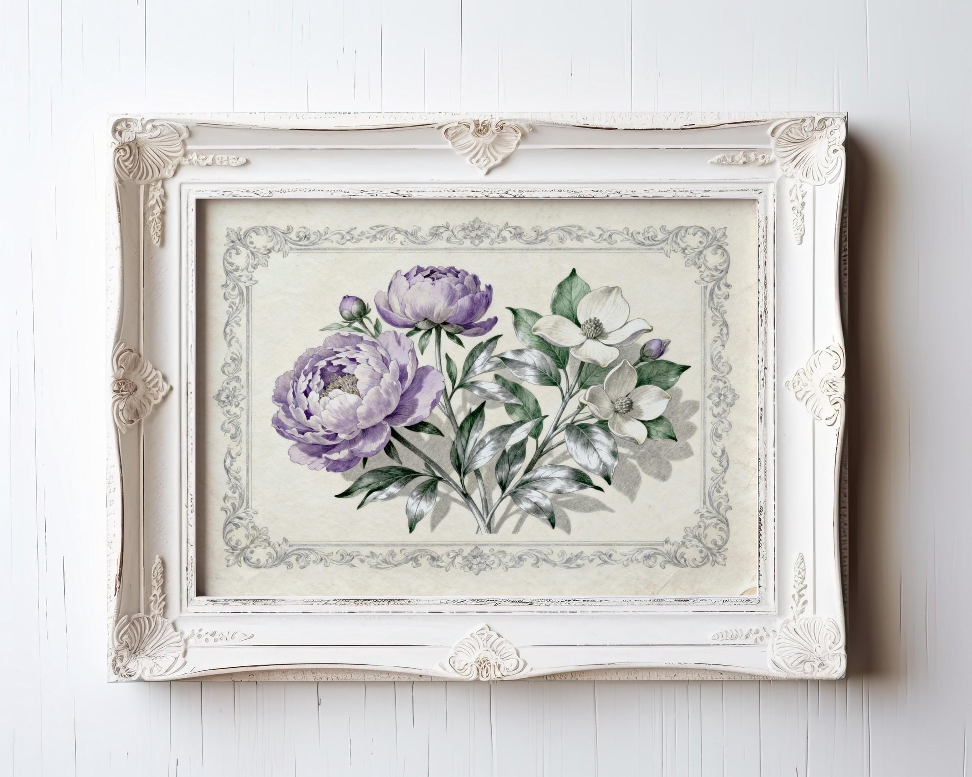A framed print of a floral arrangement featuring two purple peonies and a white magnolia flower.