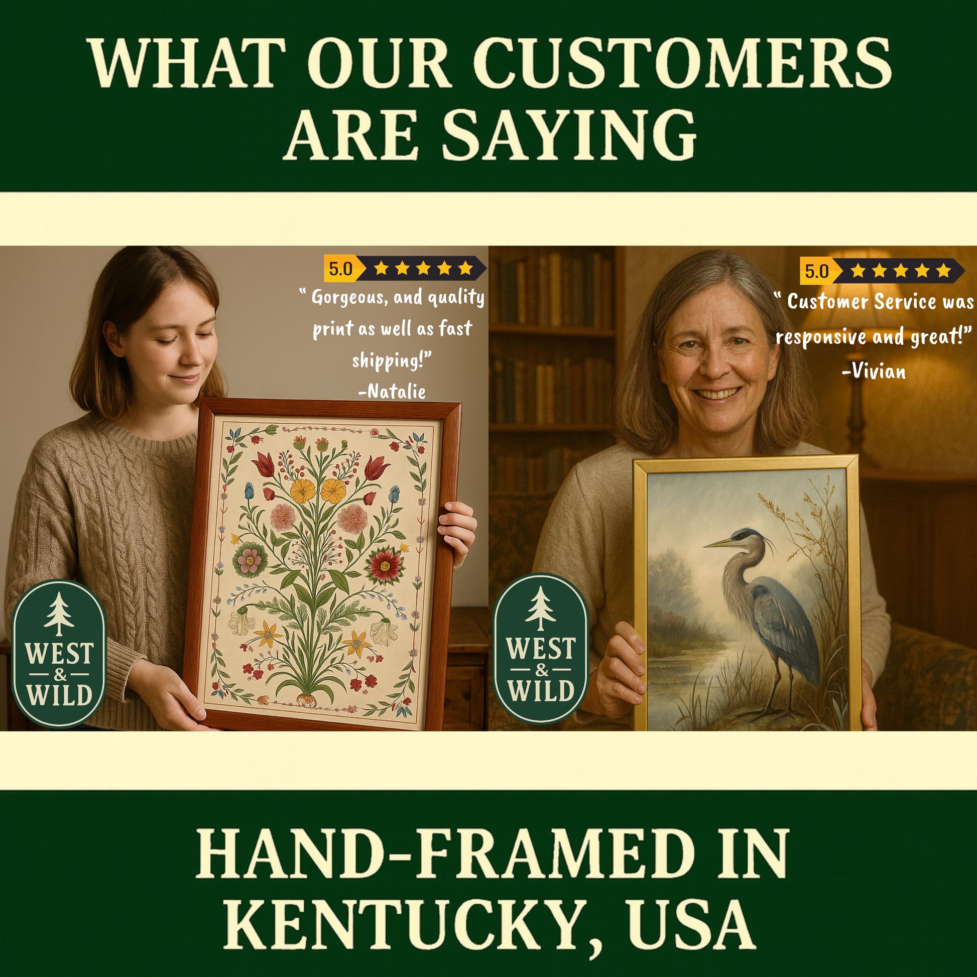 Two women smile, holding framed Rocky Mountain Print – Framed Botanical Wall Art: one with a wildflower design, another with a heron. Customer reviews highlight quality and service. "Hand-Framed in Kentucky, USA" is noted below.