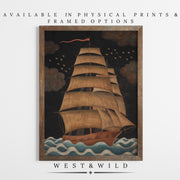 A framed "Sailing Ship Folk Art" print features a vintage sailing ship on the ocean with birds in a night sky, set against white. Available as archival prints or with wood frame options from West & Wild Art Archive.