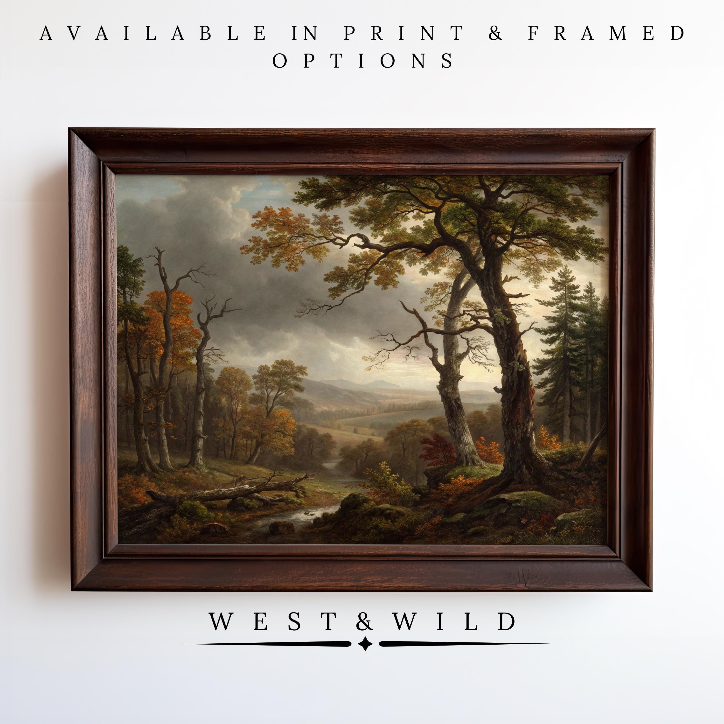 Autumn Forest Painting - Vintage Forest Art with colorful leaves and mountain landscape print, shown framed on a white wall. Features archival quality for lasting beauty. Available in Print & Framed Options. West & Wild Art Archive.
