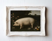 A framed, archival vintage art print titled "Rustic Farm Animal Wall Art – Vintage Pig Beside Roses and Meadow Flowers," featuring a large white pig amid flowers—a charming piece from West & Wild Art Archive.