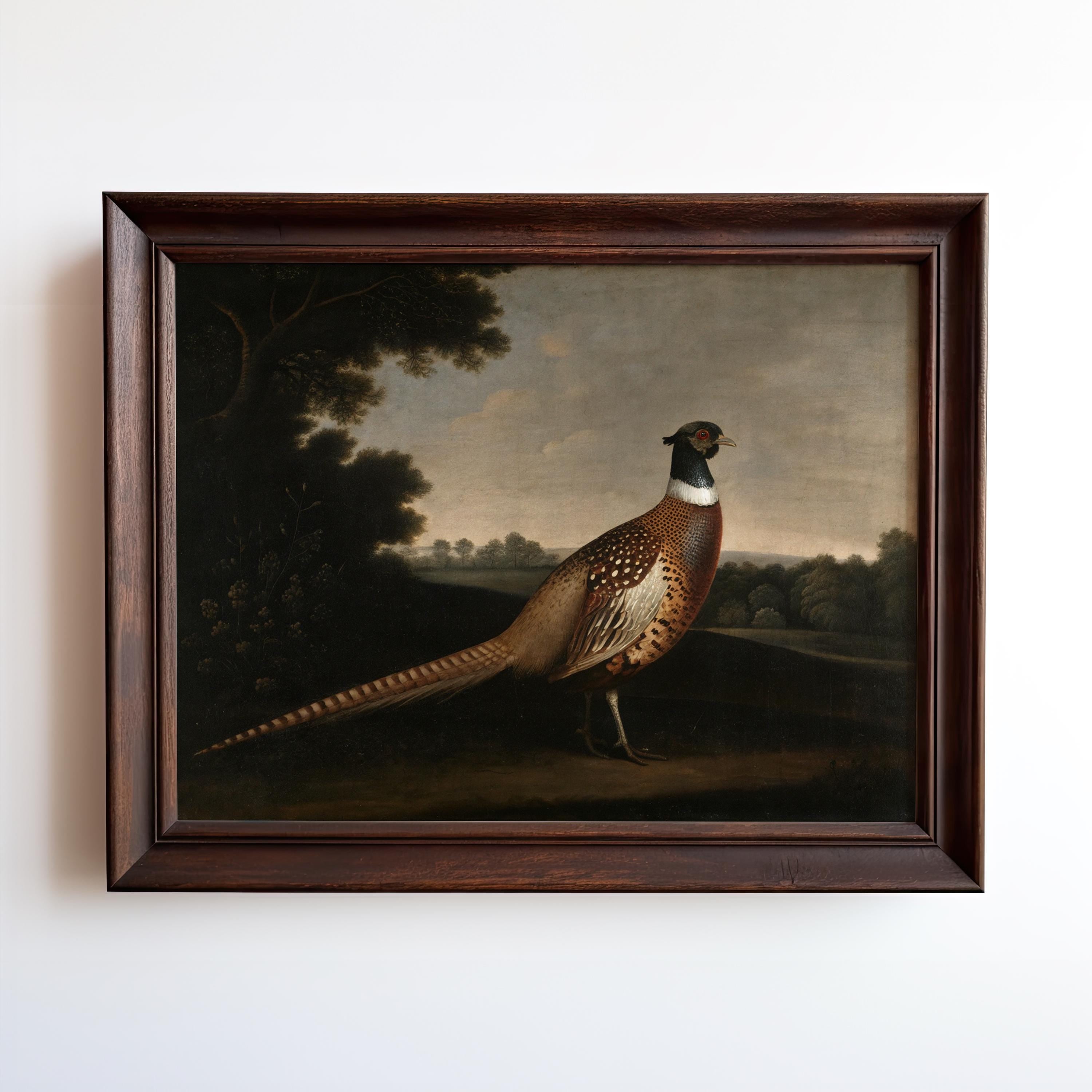 The Vintage Pheasant Print – Framed Cabin Wall Art features a pheasant in a rustic landscape, bringing countryside elegance and farmhouse charm to your space when displayed on any wall.
