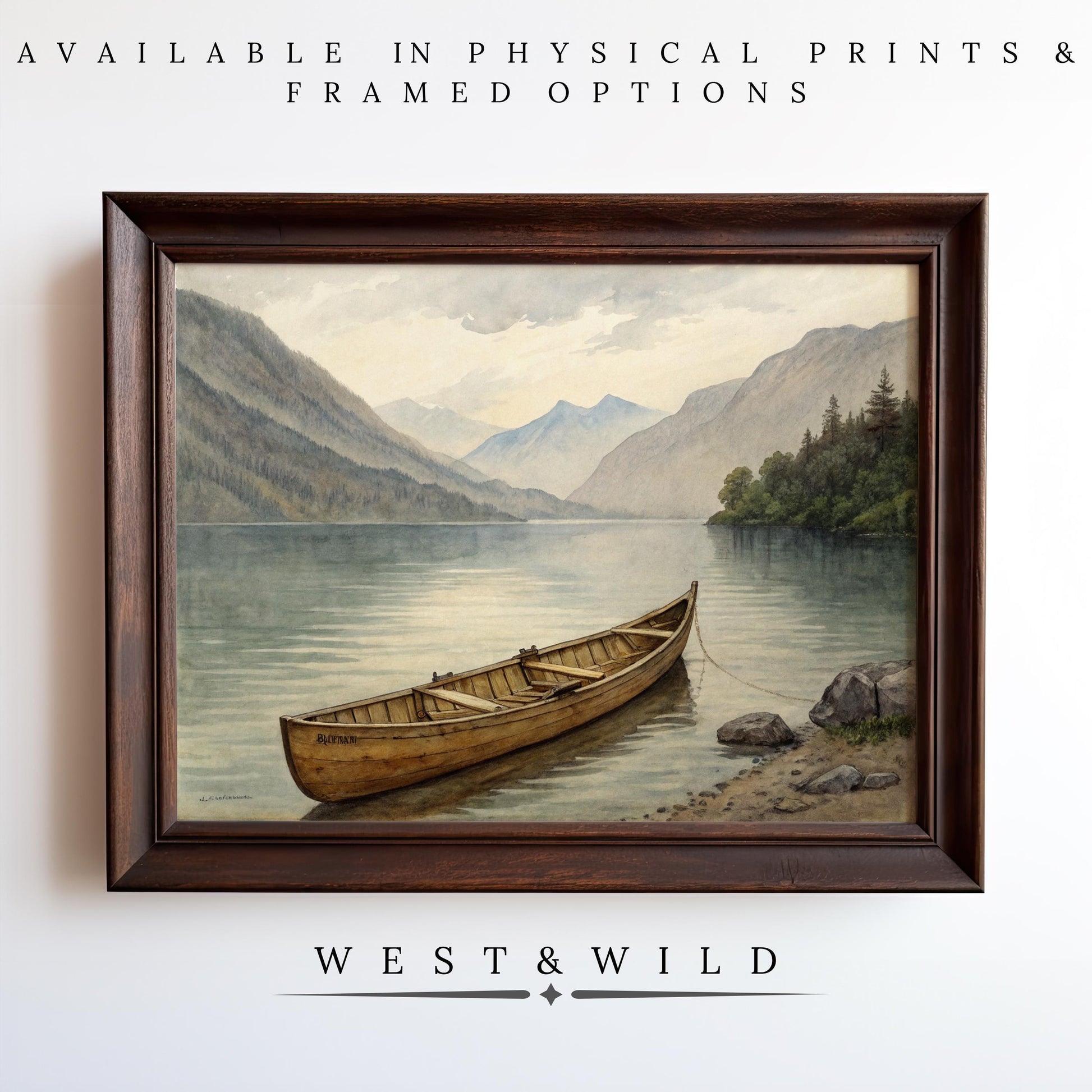 The Vintage Canoe Wall Art is a framed rustic lake painting featuring a wooden canoe, mountains, and trees. Available as archival-quality vintage art prints and framed art from the West & Wild Art Archive.