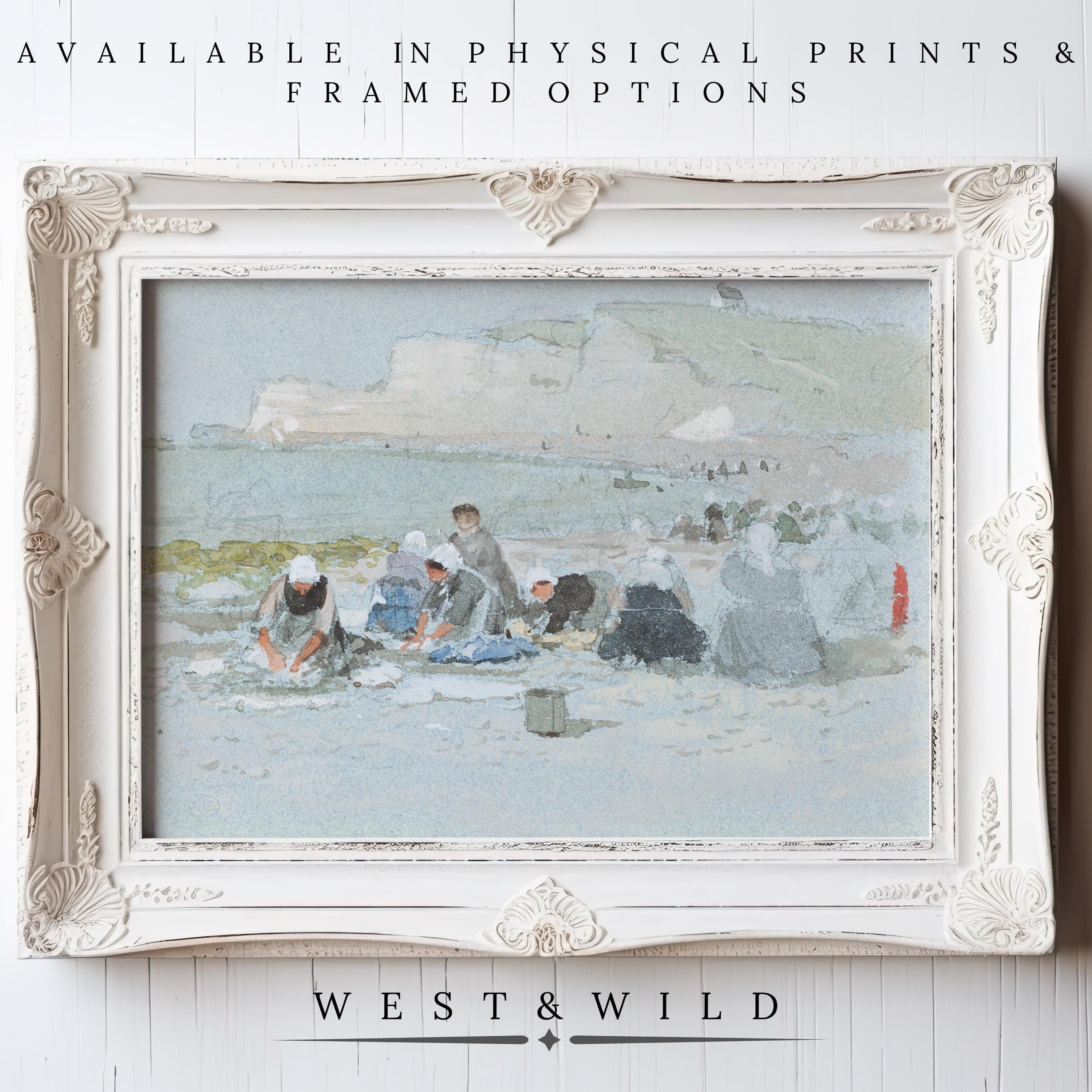 The Victorian Wall Art Prints offer 19th-century vintage style artwork with a pastel palette, featuring people on a beach with soft cliffs. Choose from vintage art prints or archival quality framed art from West & Wild.