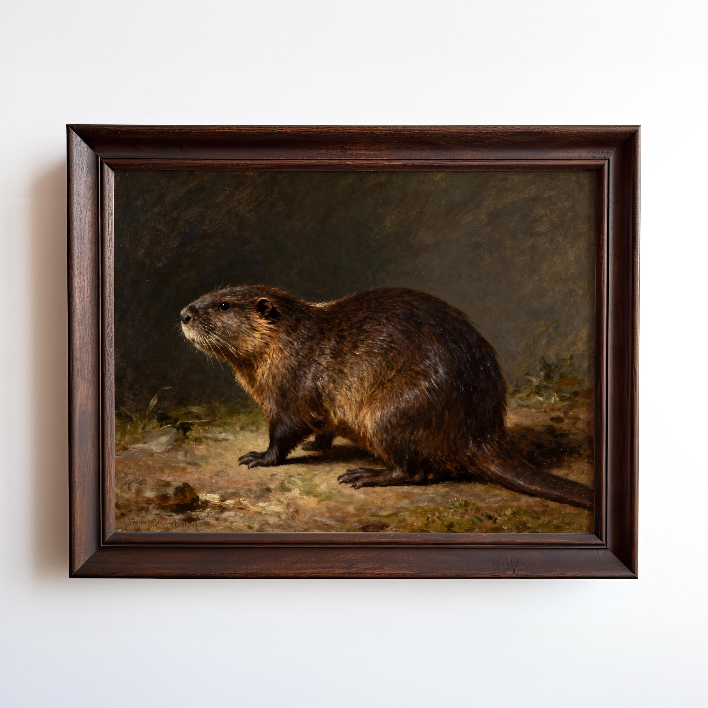 The Beaver Art Print – Rustic Wildlife Wall Art for Lodge & Cabin Decor features a vintage beaver in profile on a dark background, framed and displayed on a plain white wall.