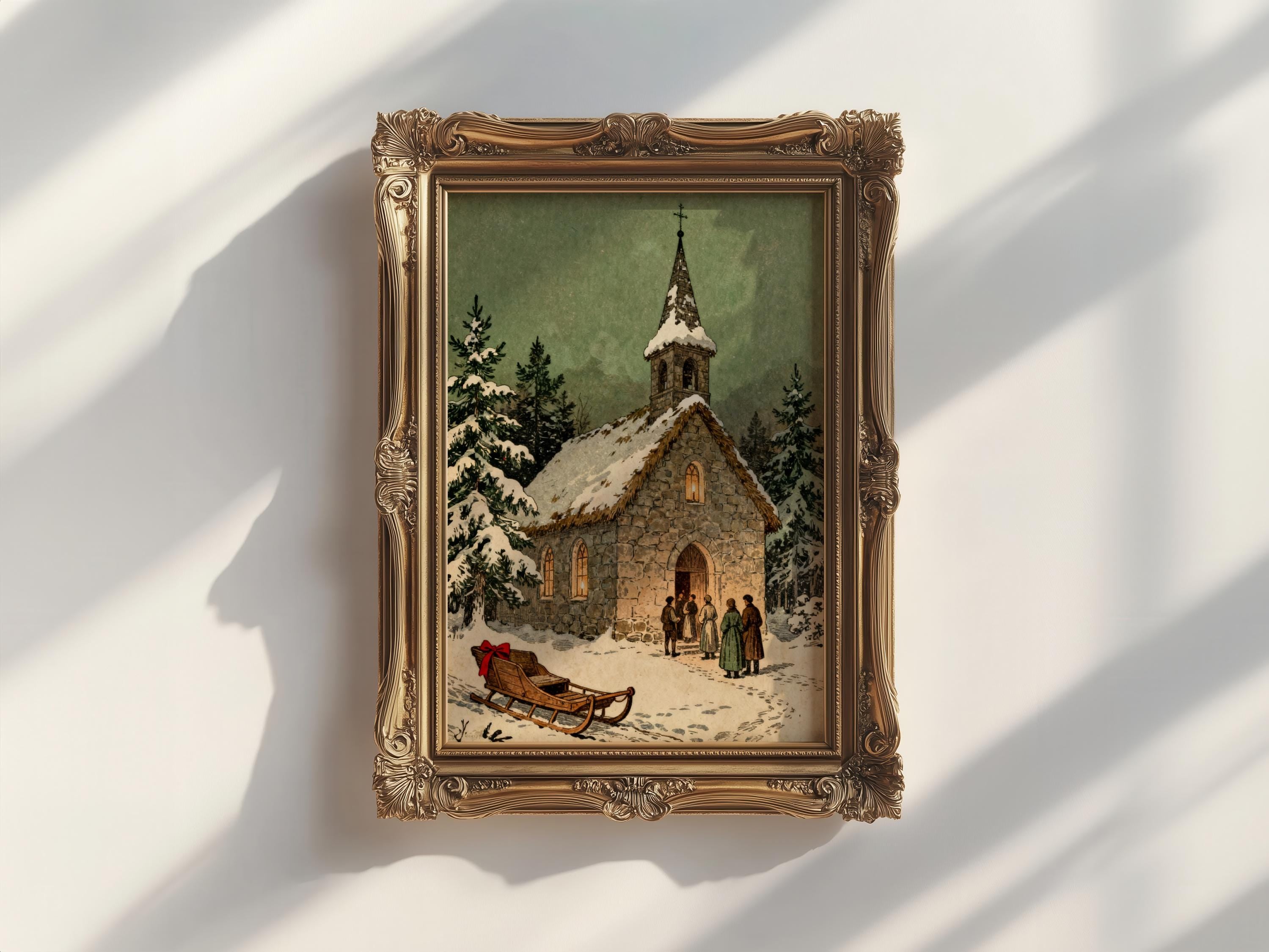 The image is a painting of a snowy church with a sleigh and people gathered outside.