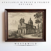 A framed Vintage Italian Church Art print—an 18th-century architectural sketch with towers and a dome—hangs on a white wall. West & Wild Art Archive offers this archival-quality print in various framing options.