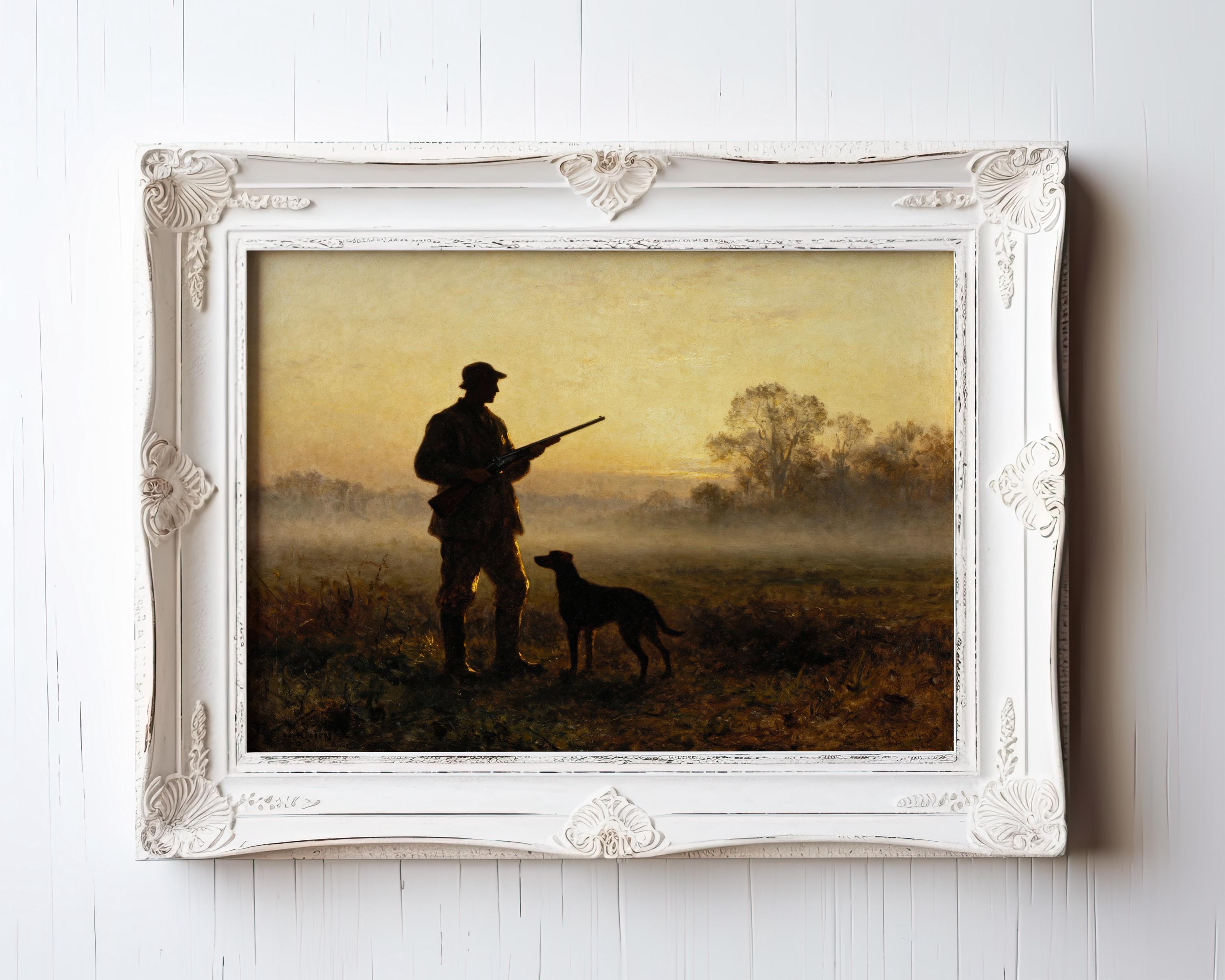 A painting of a man with a rifle and a dog in a field at sunset, with a white frame.