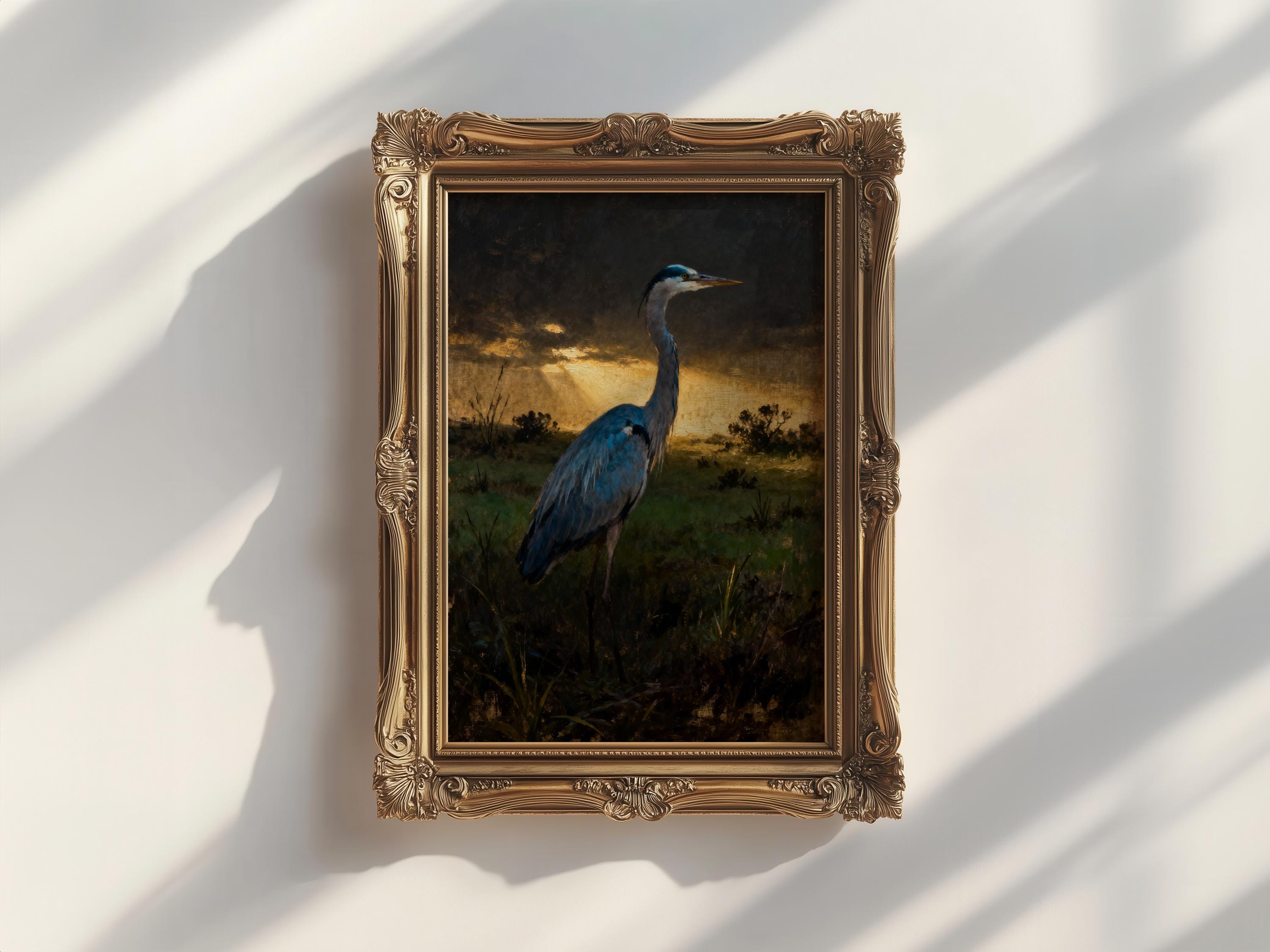 a painting of a blue heron standing in a grassy field at sunset.