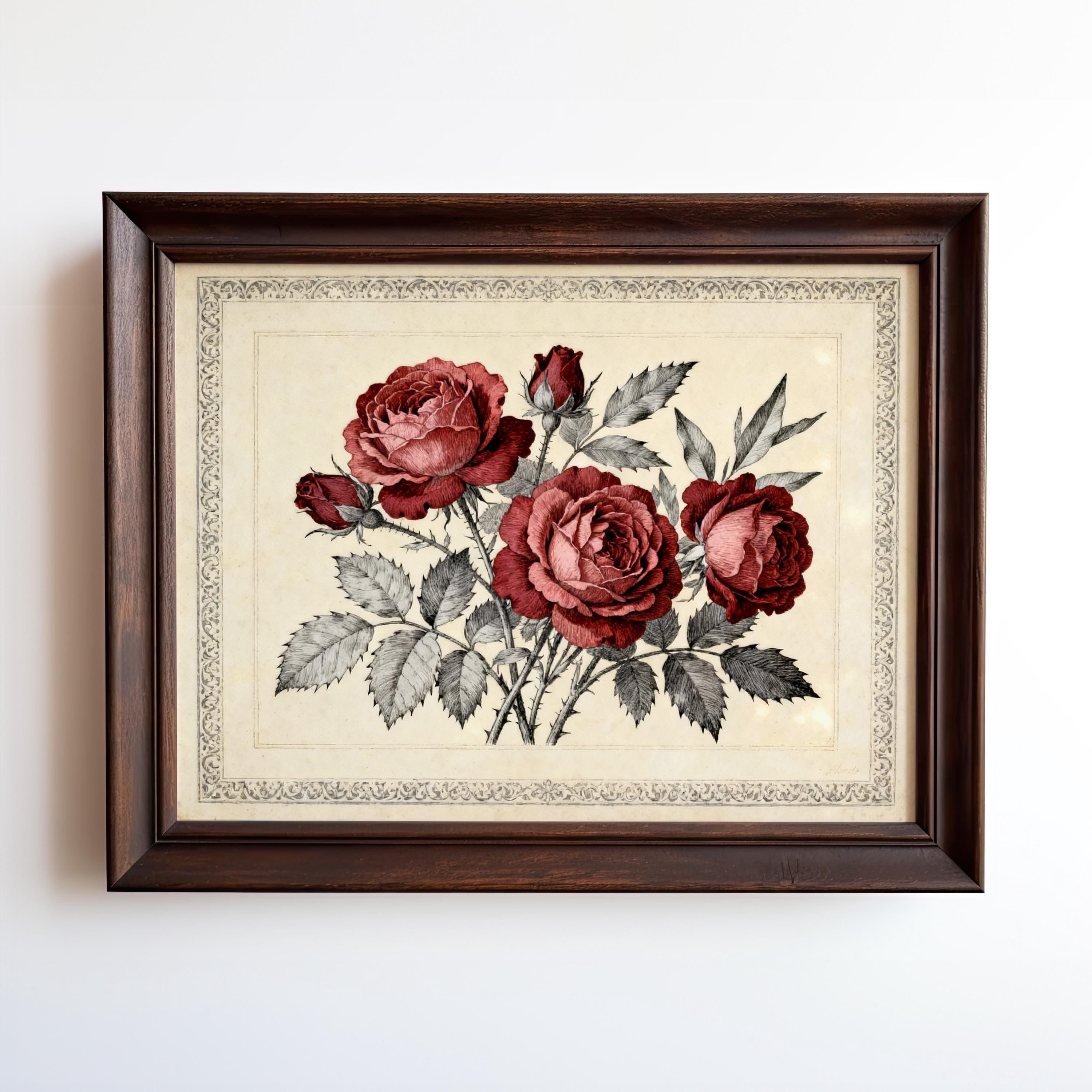 A framed print of a bouquet of red roses against a beige background.