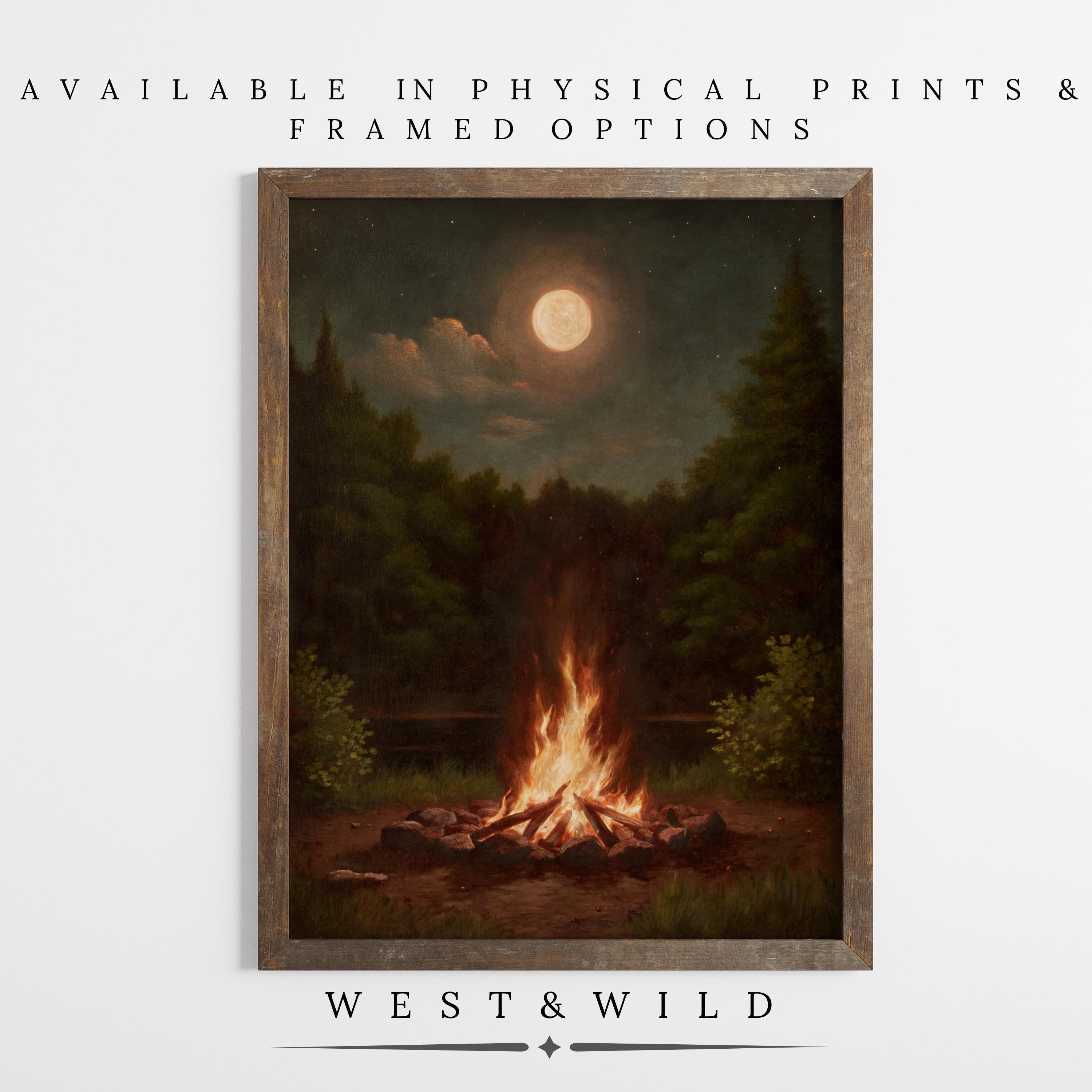 This Campfire Painting - Moonlight Camping Art glows with a full moon and cloudy sky, ideal as cozy cabin wall art. Available in physical prints & framed options; WEST & WILD shown at bottom.