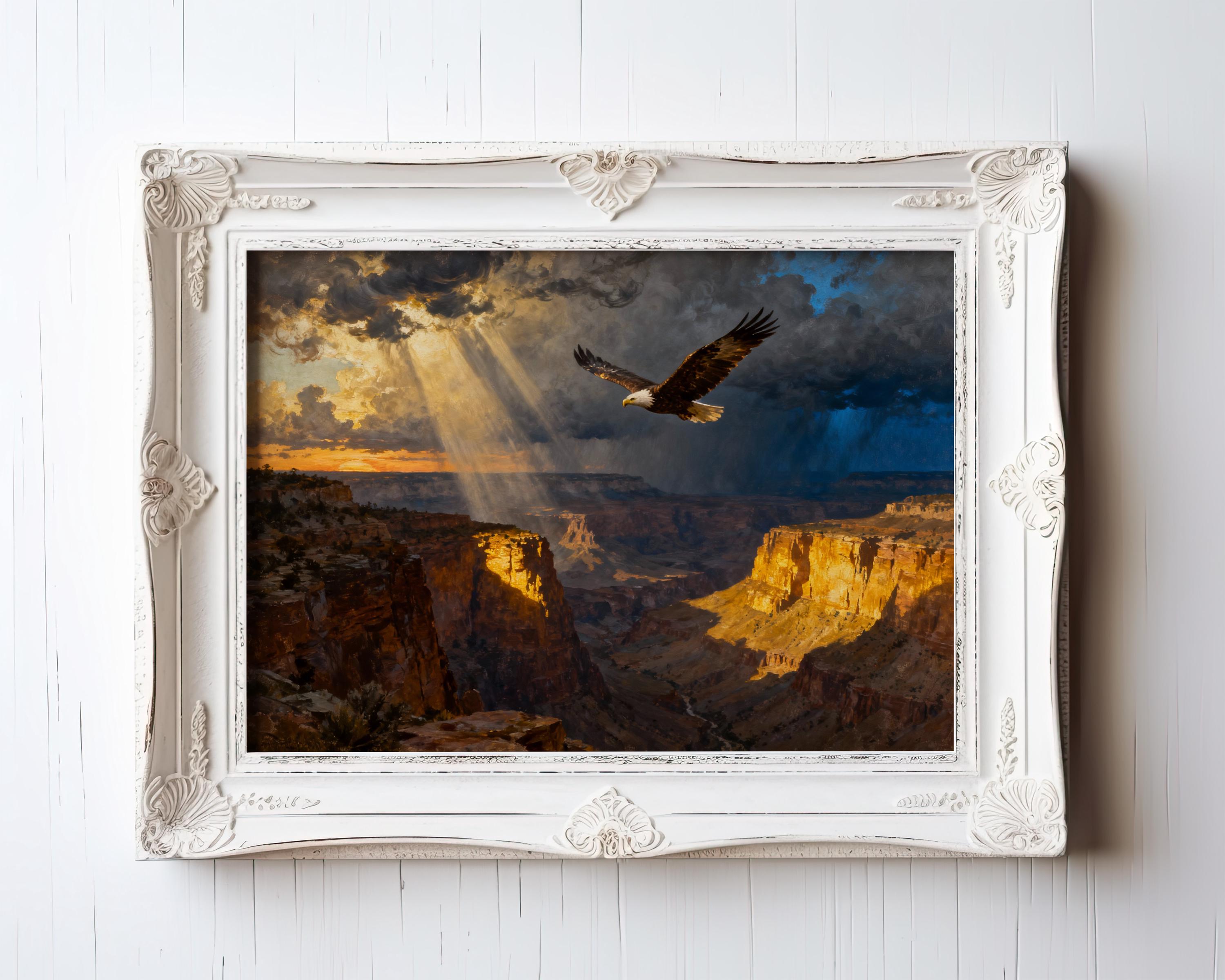 A framed painting depicting a majestic eagle soaring over a dramatic canyon landscape, with dramatic clouds and sunbeams illuminating the scene.