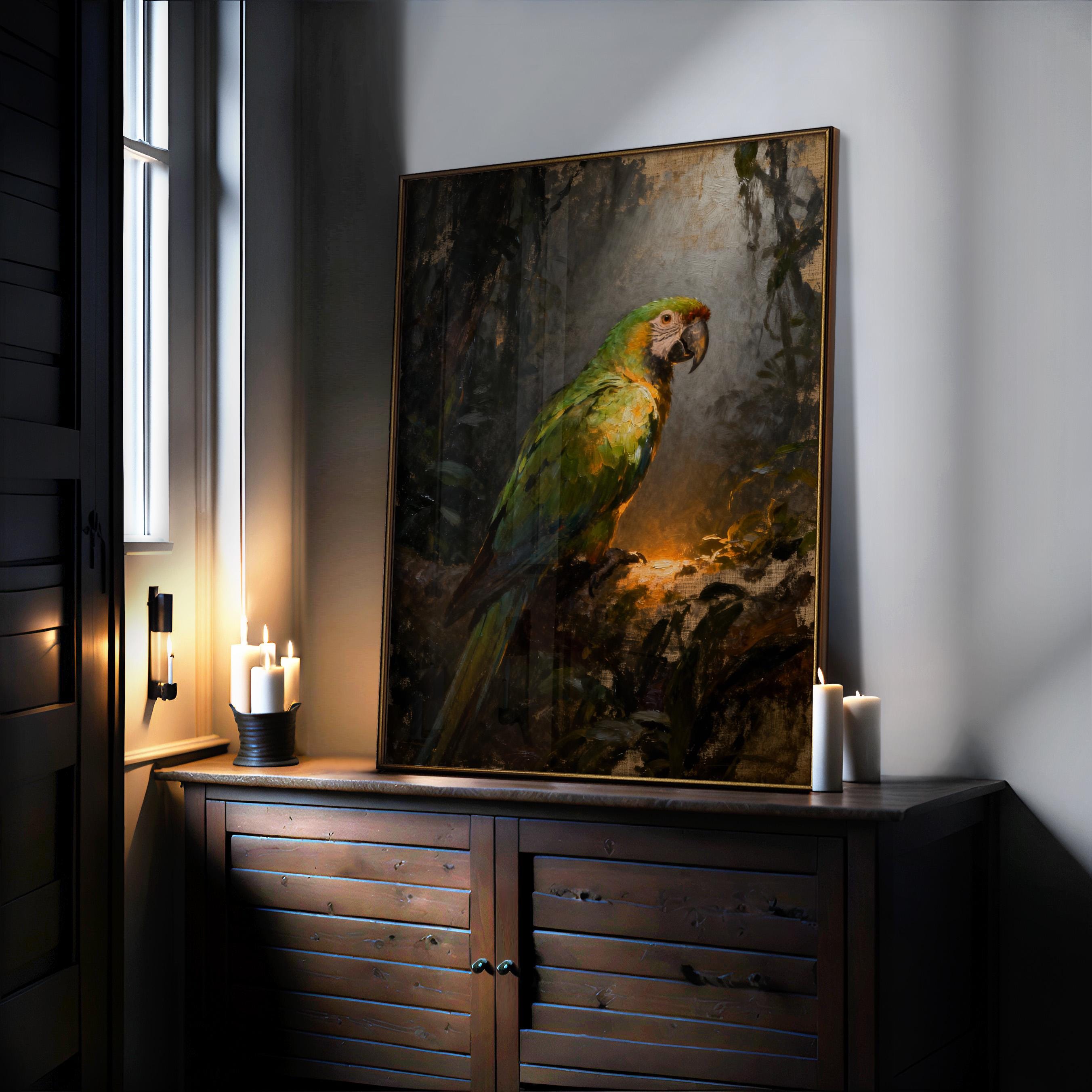 a large painting of a parrot perched on a branch, with a wooden cabinet below it and candles on the cabinet.